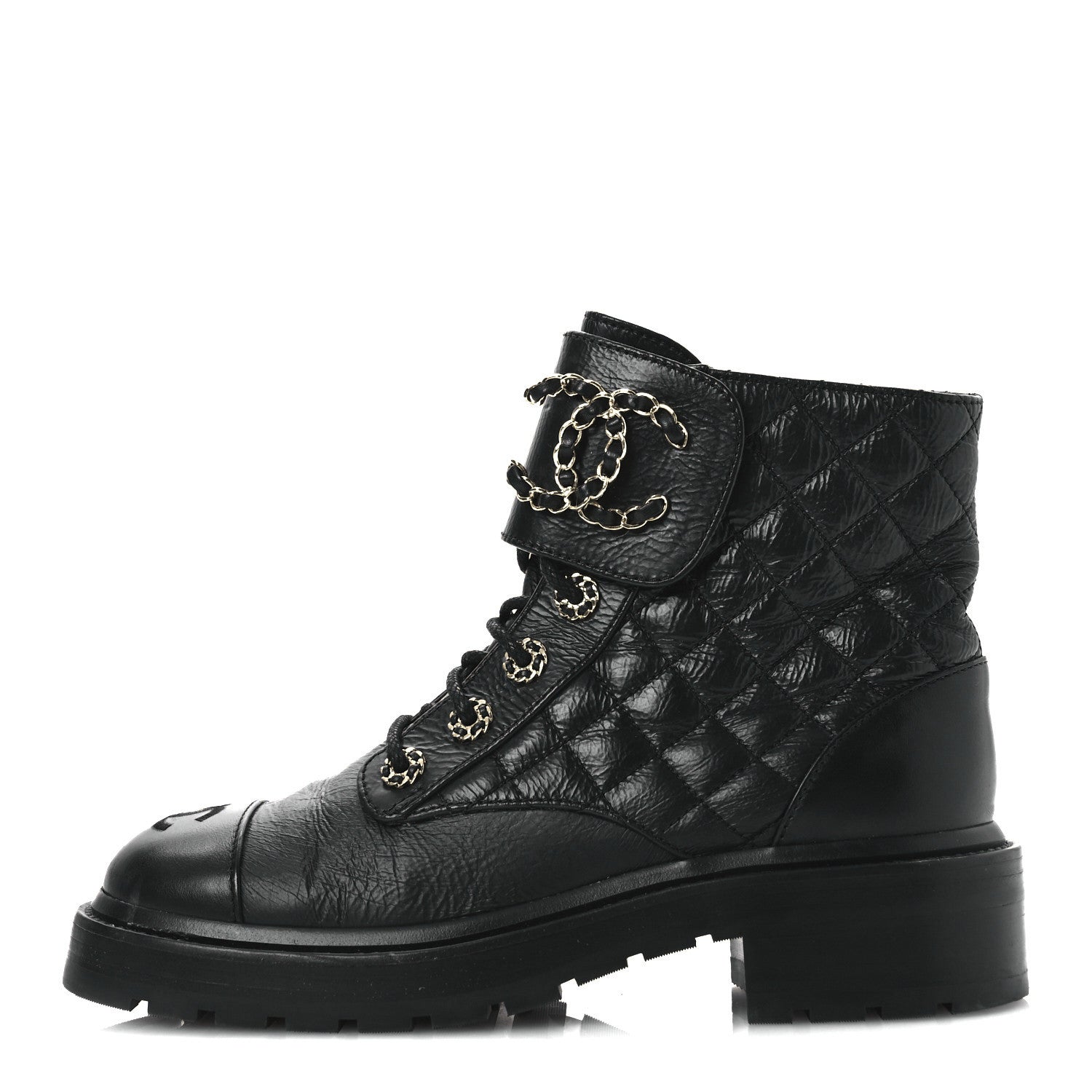 Shiny Goatskin Calfskin Quilted Lace Up Combat Boots 37 Black