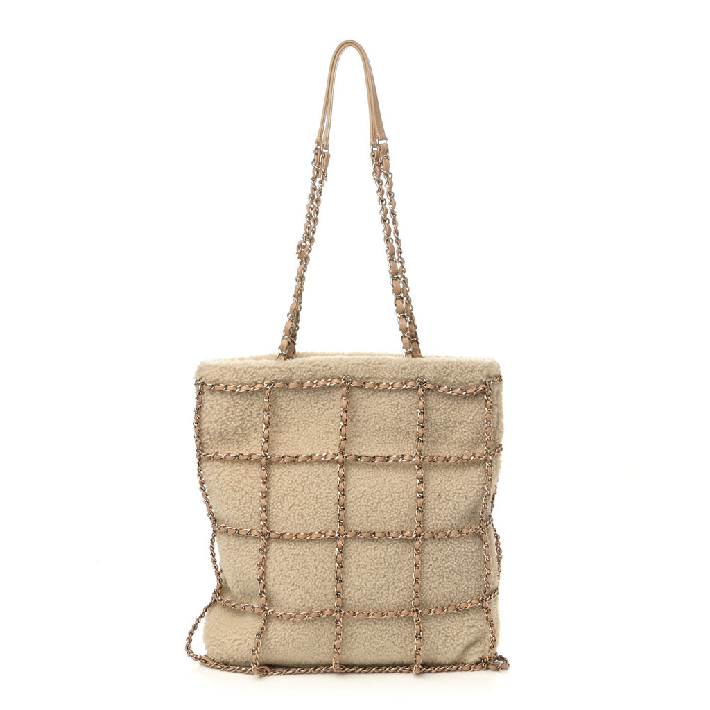 Shearling Small Shopping Chain Bag Beige