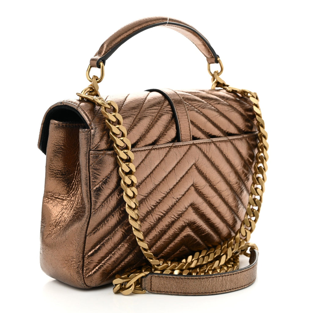 Metallic Calfskin Matelasse Chevron Monogram Medium College Bag Bronze
