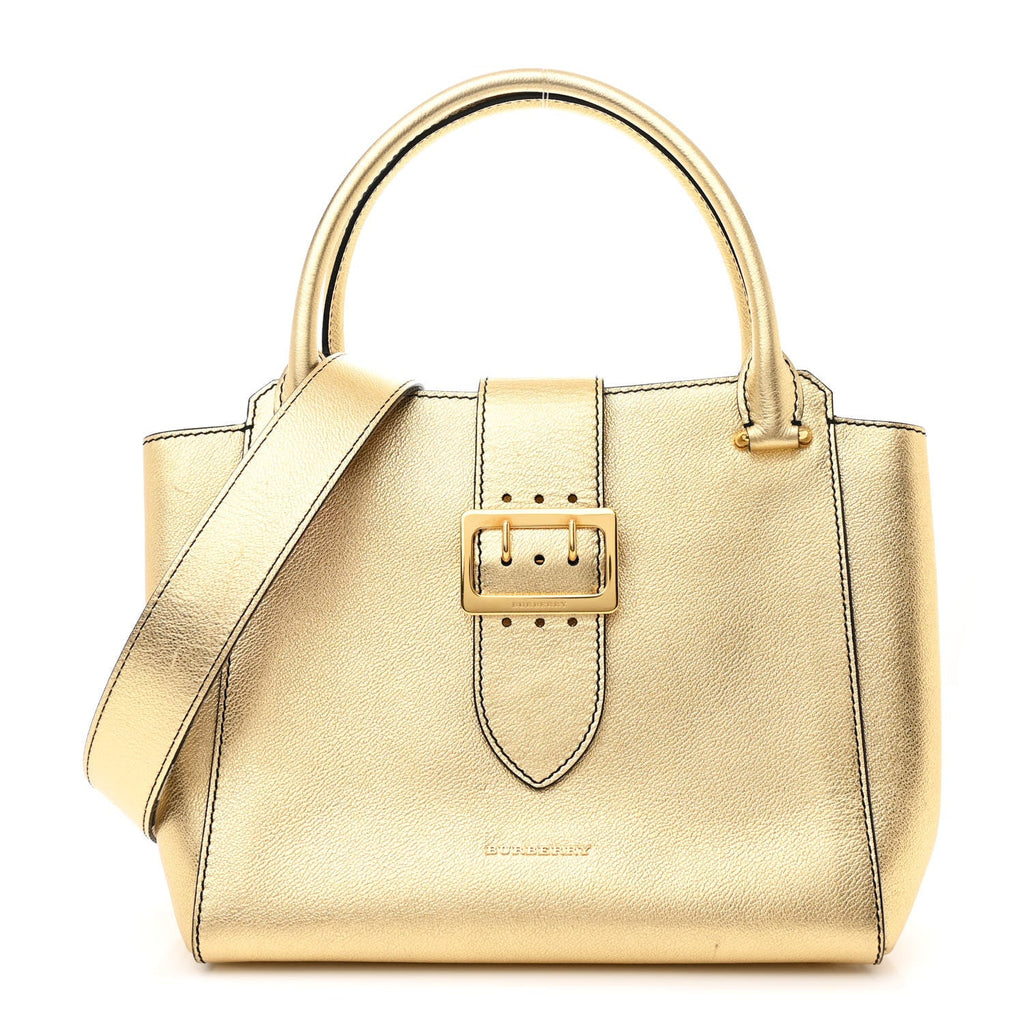 Metallic Soft Grain Calfskin Medium Buckle Tote Gold