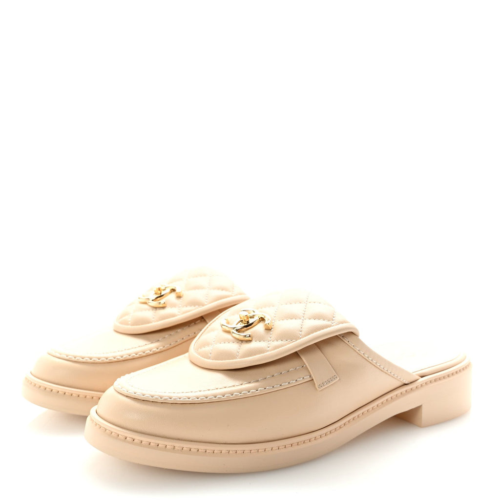 Lambskin Quilted CC Turnlock Mules 41 Light Beige