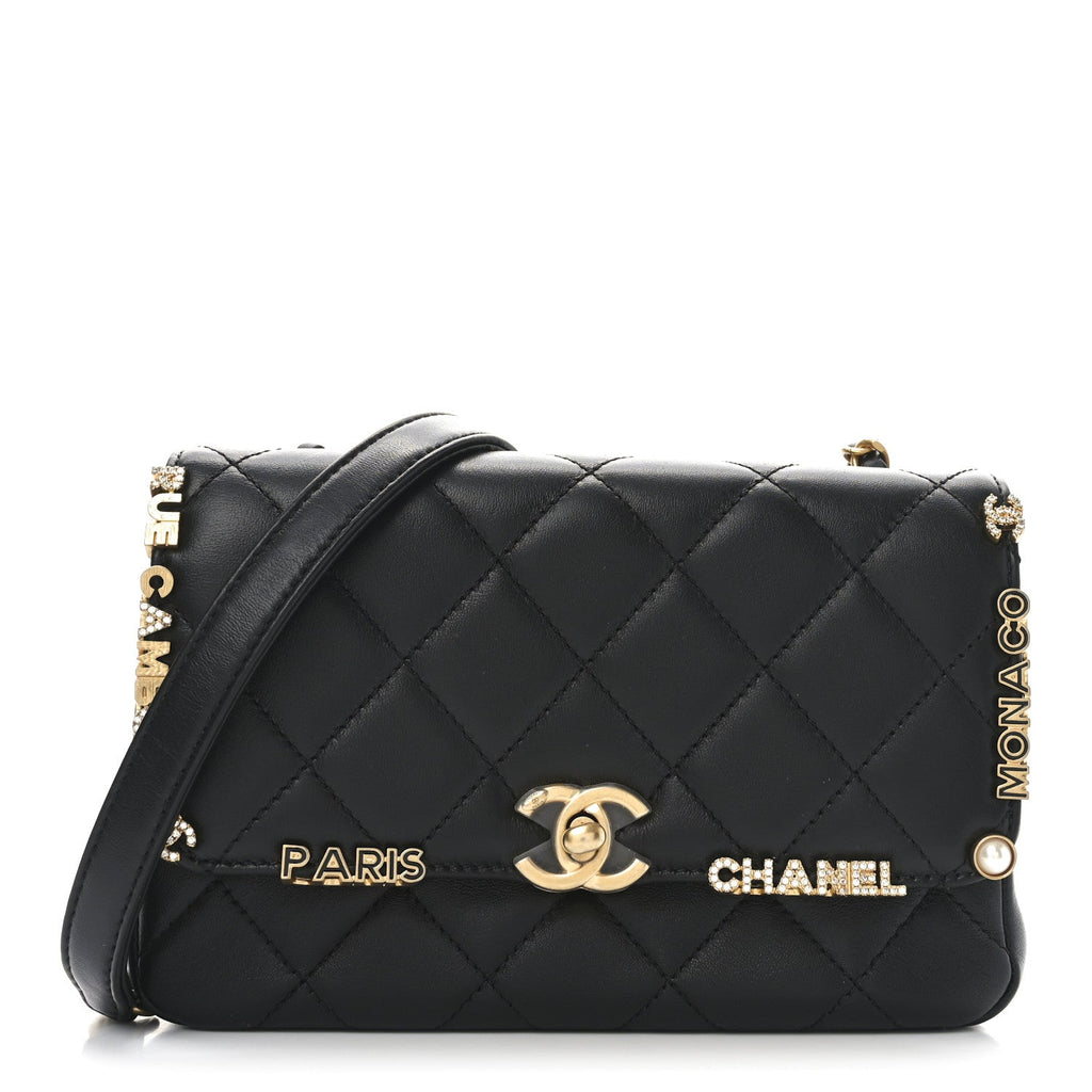 Lambskin Enamel Strass Quilted Mini Paris Monaco Flap Black