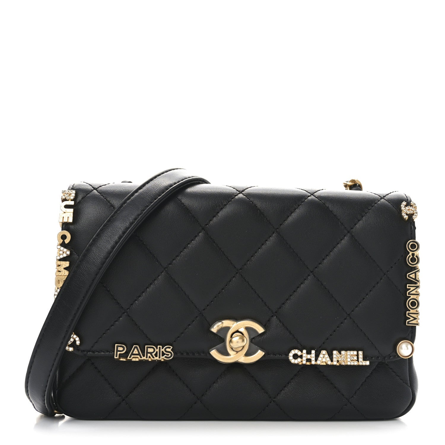 Lambskin Enamel Strass Quilted Mini Paris Monaco Flap Black