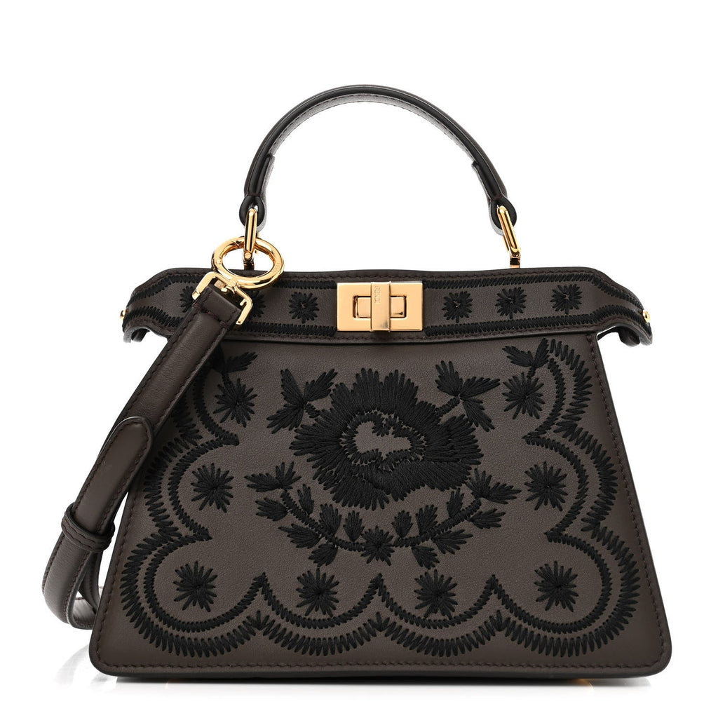 Vitello Seta Shiny Nappa Floral Embroidered Petite Peekaboo I SEE U Satchel Carbone Black