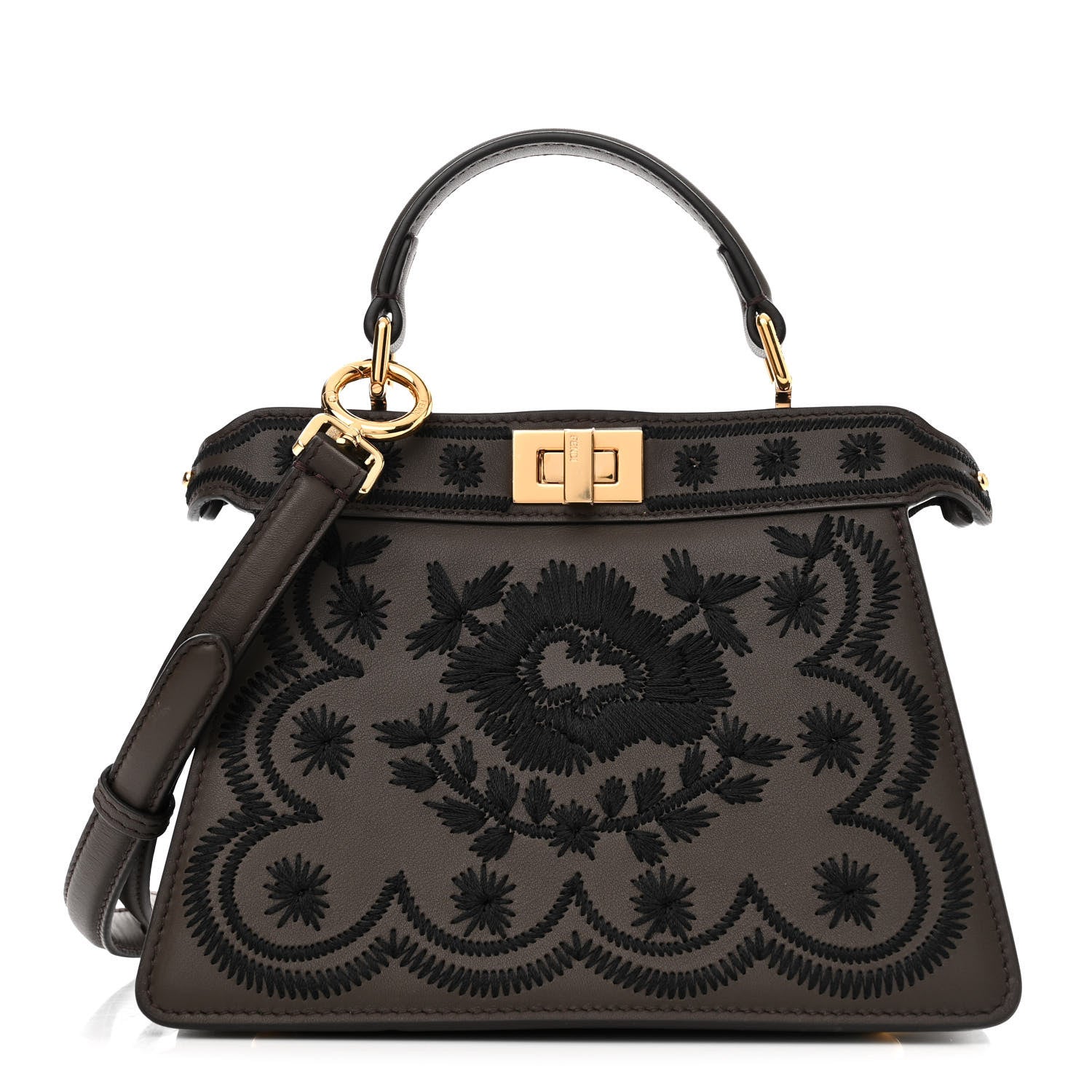 Vitello Seta Shiny Nappa Floral Embroidered Petite Peekaboo I SEE U Satchel Carbone Black