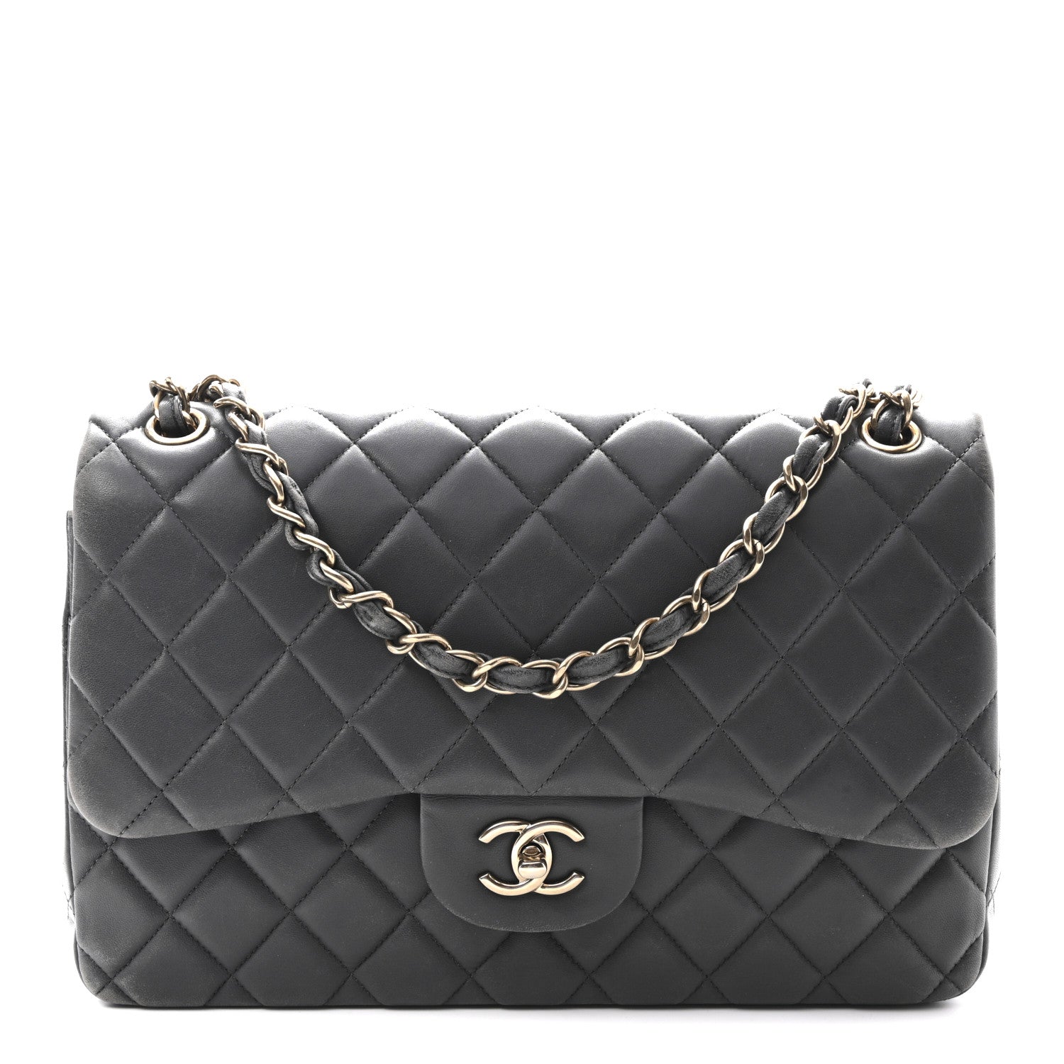 Lambskin Quilted Jumbo Double Flap Dark Grey