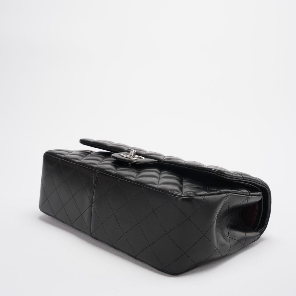 Chanel Classic Flap Bag Lambskin Black Bag Jumbo in Silver Hardware