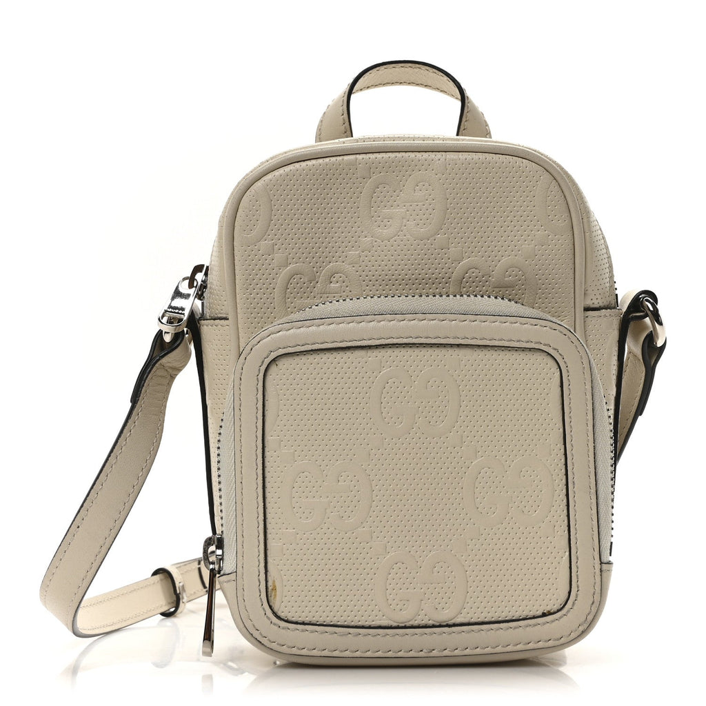 Calfskin GG Tennis Embossed Mini Double Zip Messenger Bag Mystic White