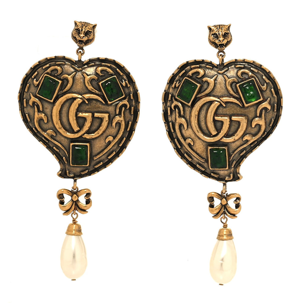 Metal Pearl Resin Heart Double G Drop Earrings Aged Gold Green