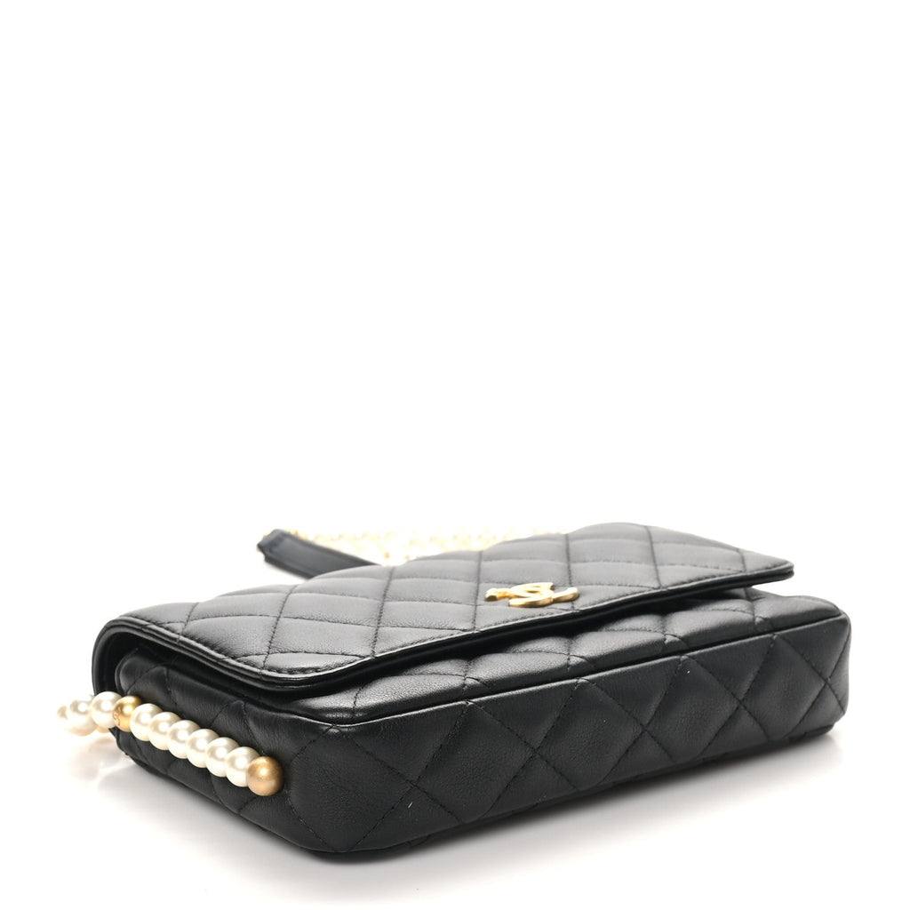Calfskin Quilted Pearl Wallet On Chain WOC Black