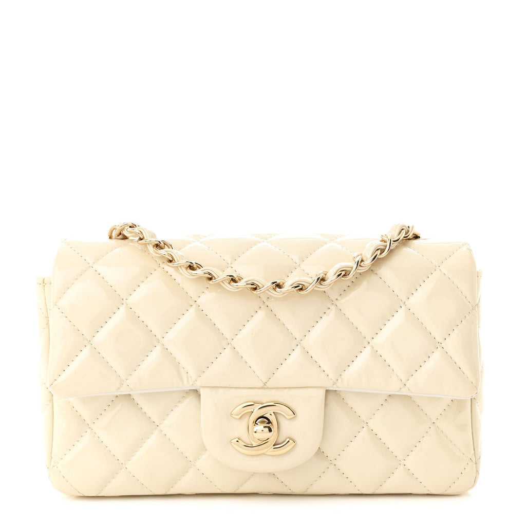 Patent Calfskin Quilted Mini Rectangular Flap White