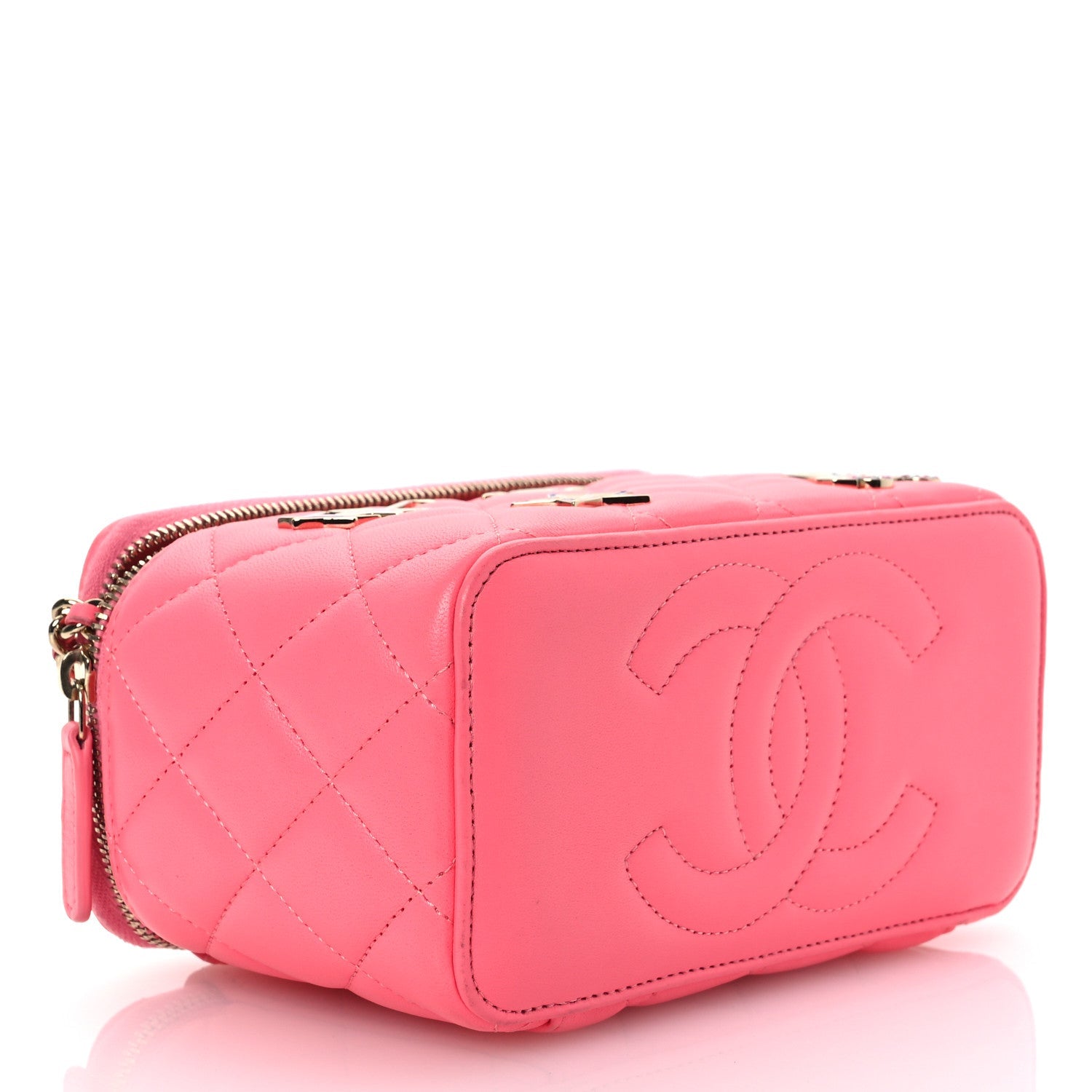 Lambskin Enamel Quilted Roller Skate Small Vanity Case With Chain Pink
