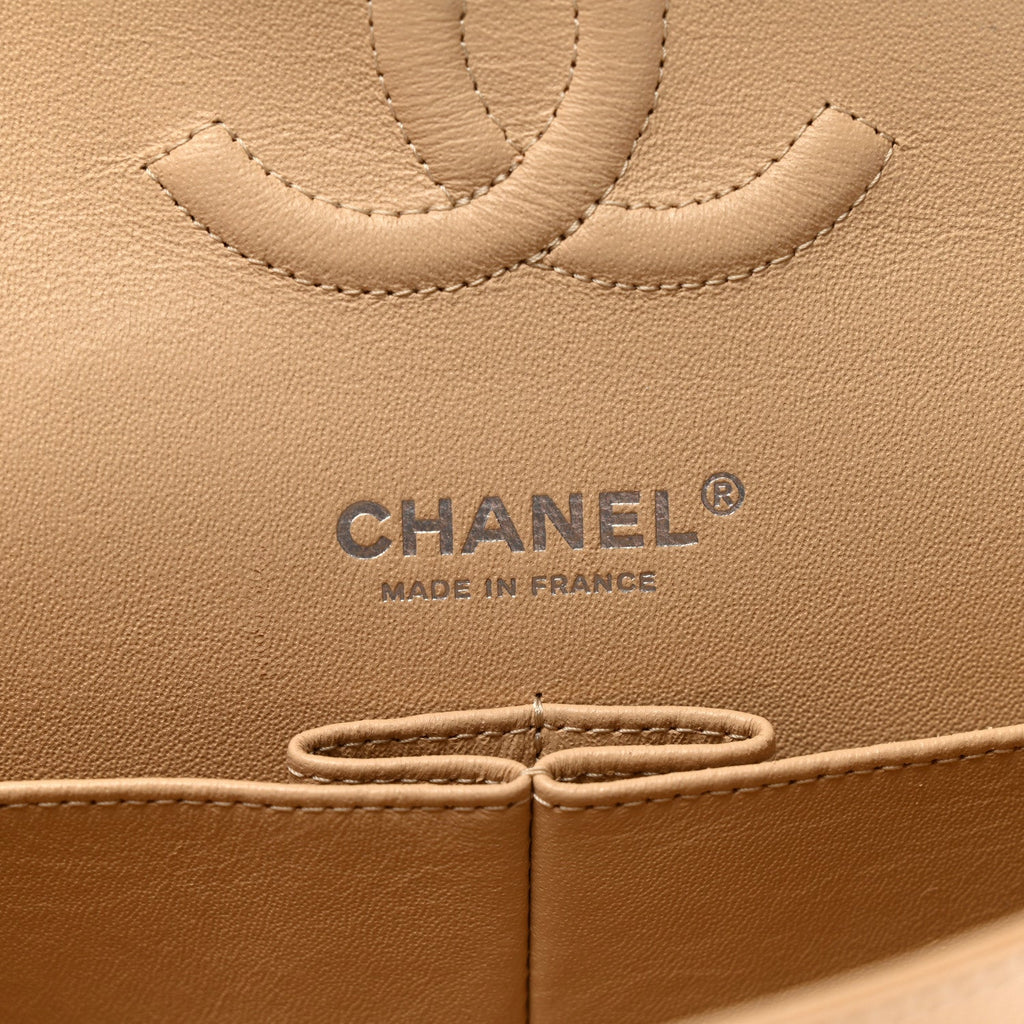 Caviar Quilted Medium Double Flap Beige