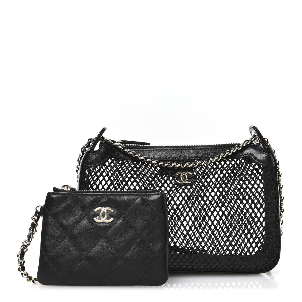 Mesh Shiny Lambskin Clutch With Chain  Black