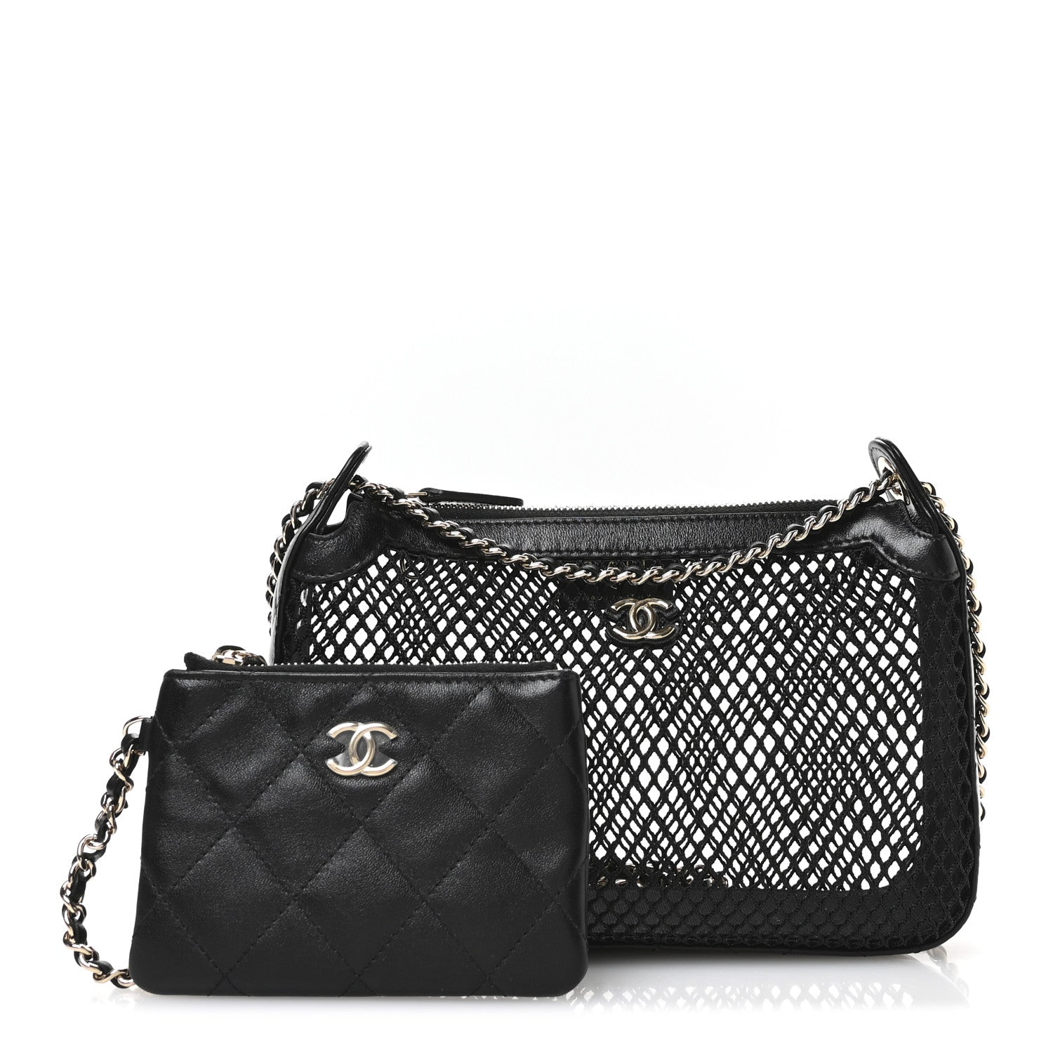 Mesh Shiny Lambskin Clutch With Chain  Black