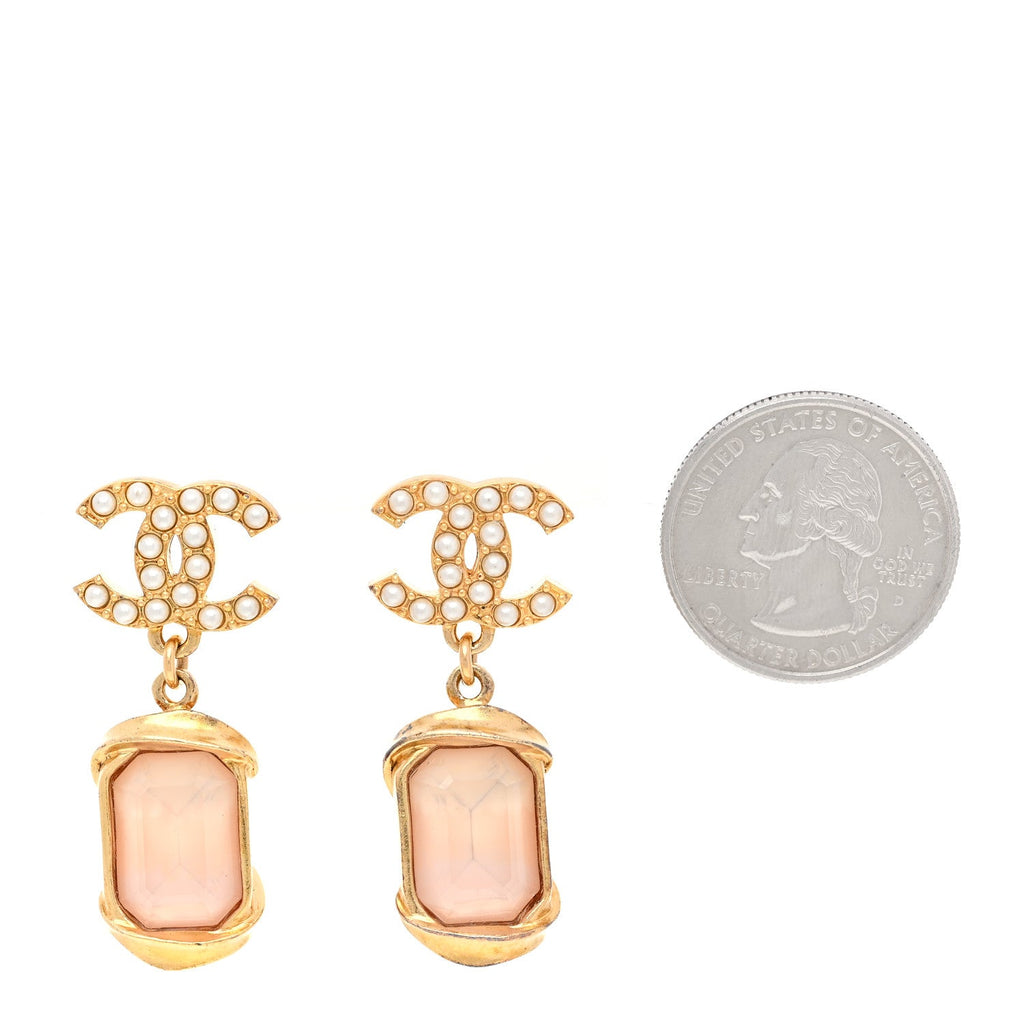 Crystal Pearl CC Drop Earrings Gold White