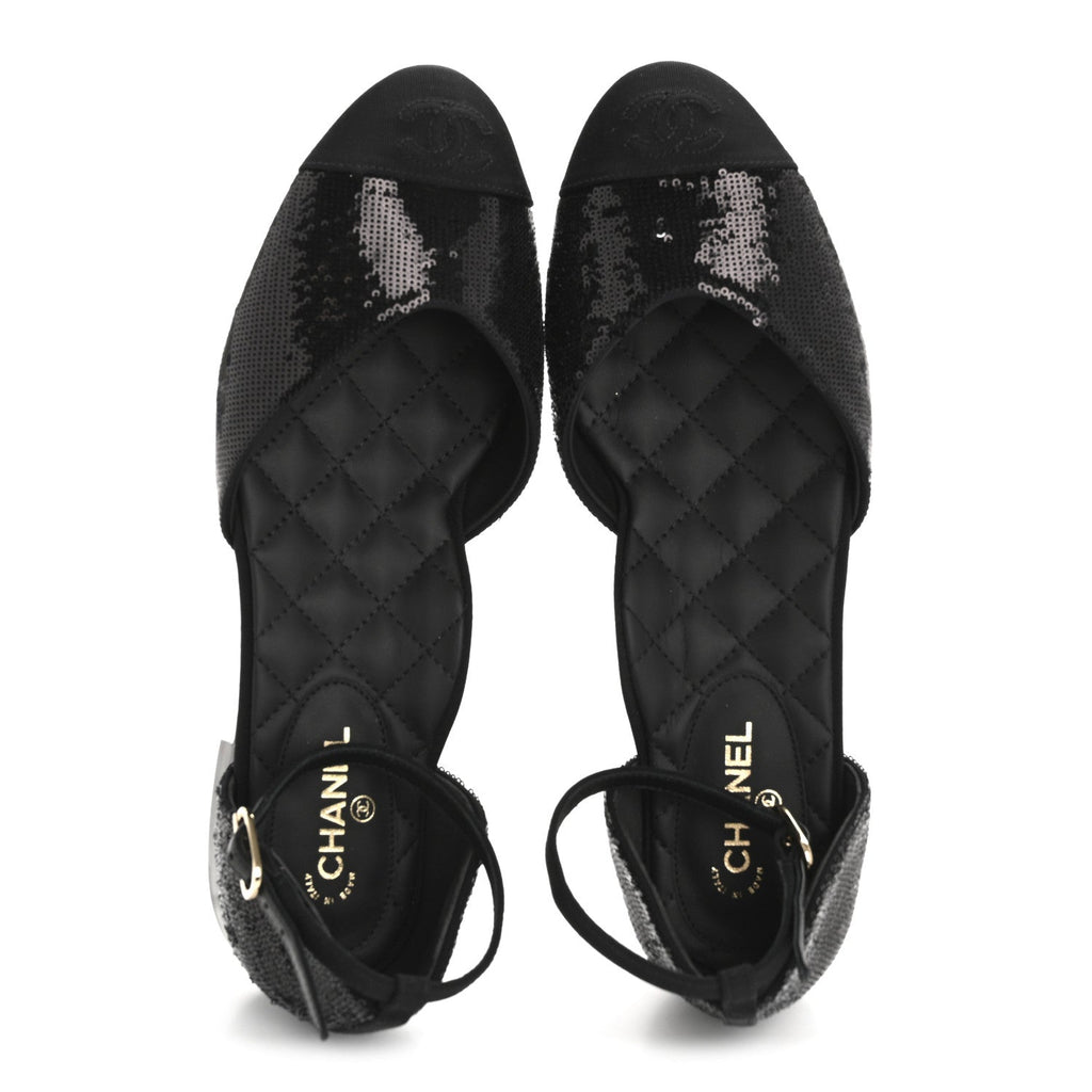 Sequin Grosgrain CC Cap Toe Ankle Flat 37.5 Black