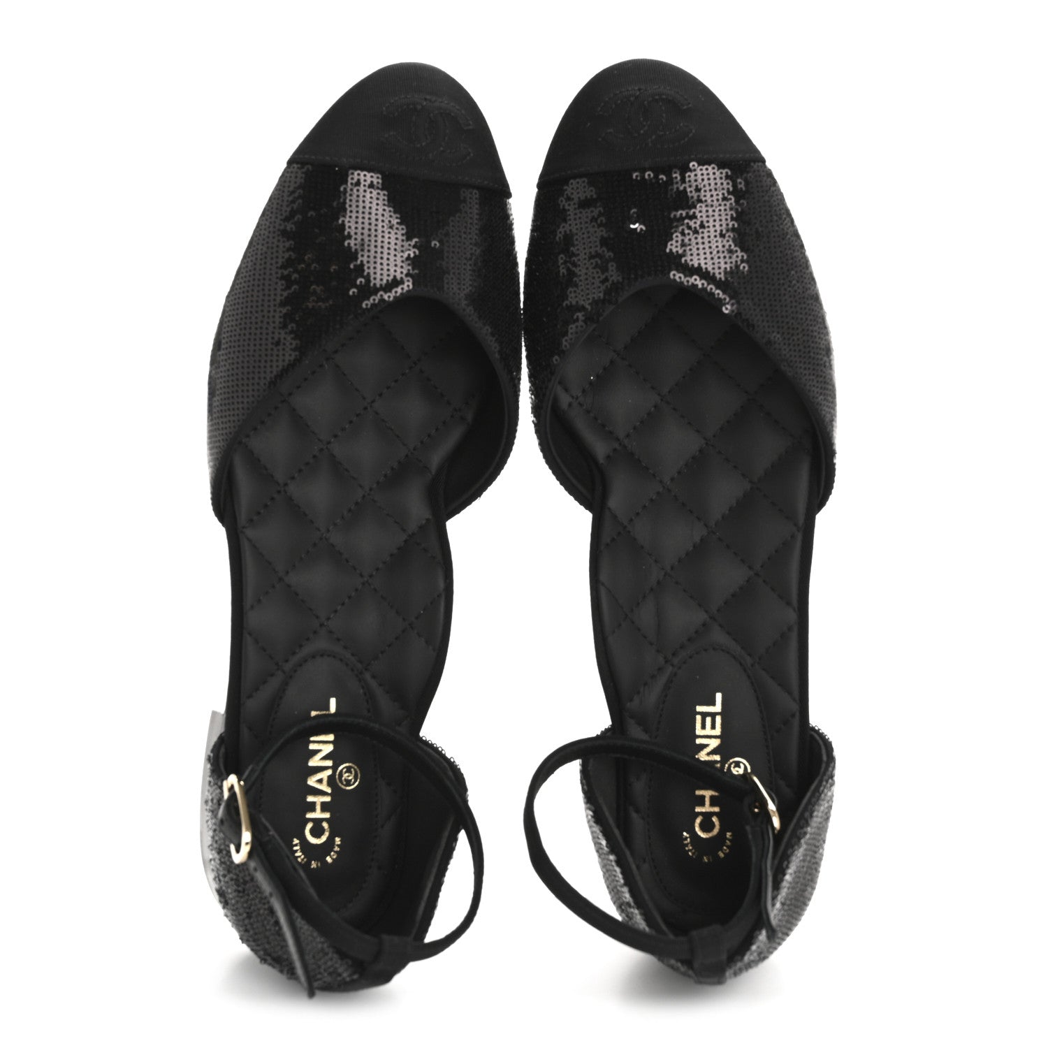 Sequin Grosgrain CC Cap Toe Ankle Flat 37.5 Black