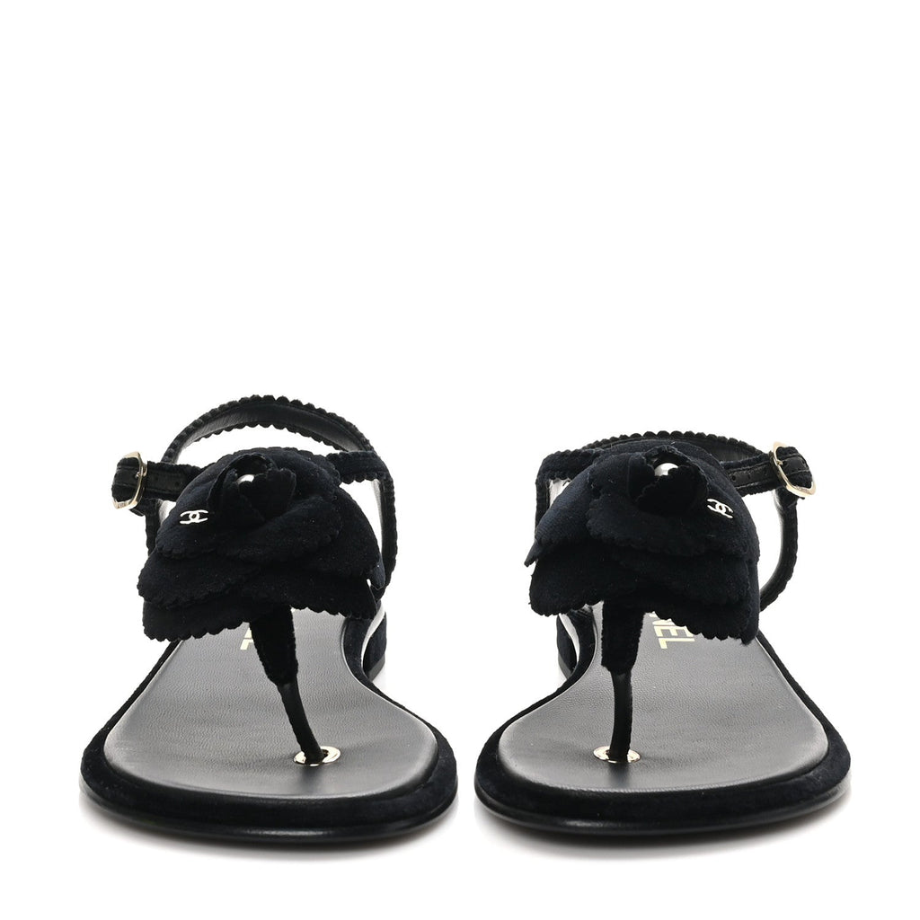 Velvet Pearl Camellia Thong Sandals 38 Black