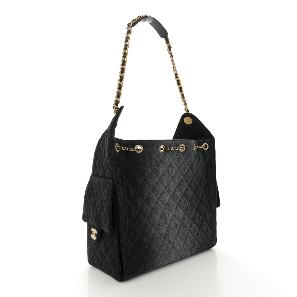 Washed Denim Quilted Medium Chanel 25 Handbag Black