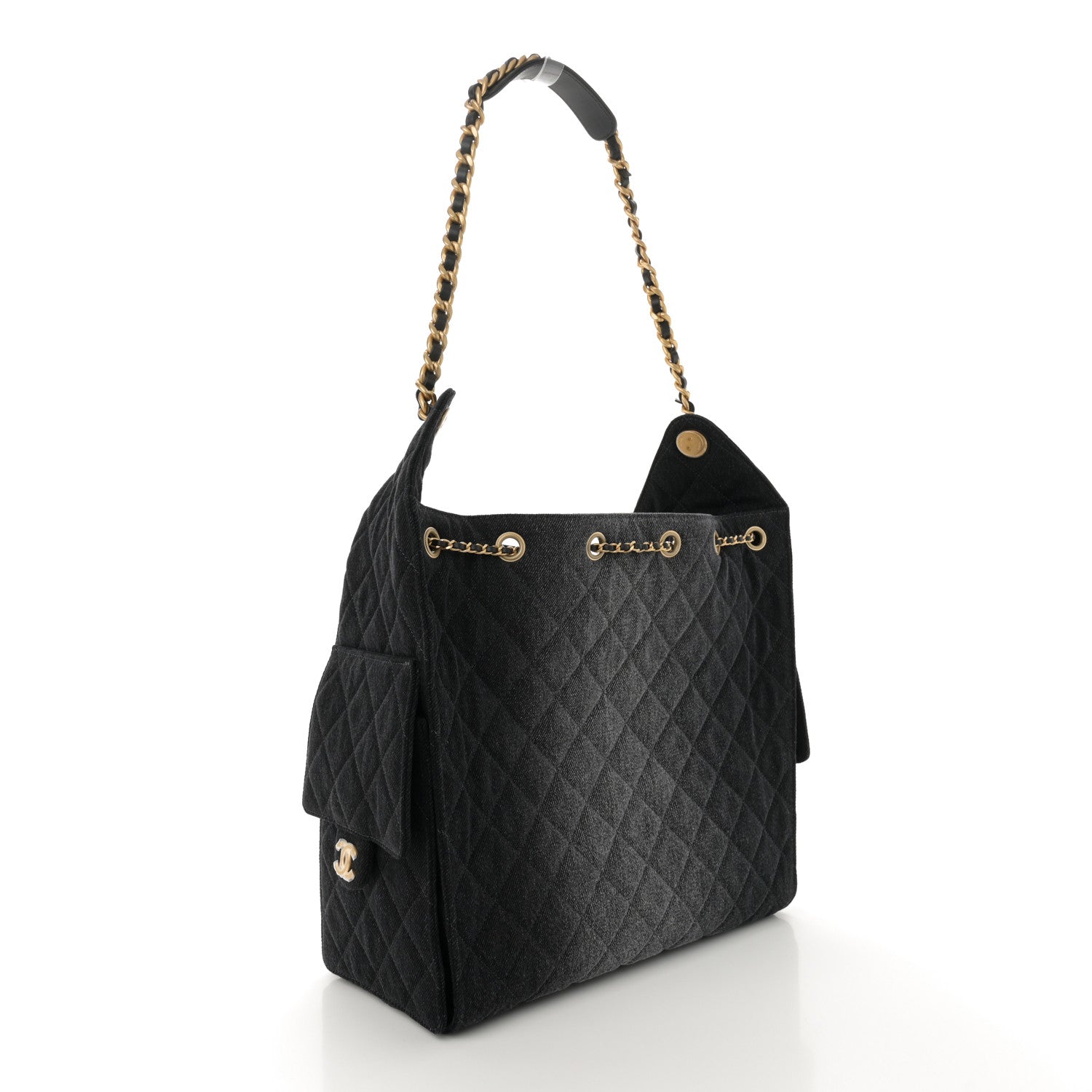 Washed Denim Quilted Medium Chanel 25 Handbag Black