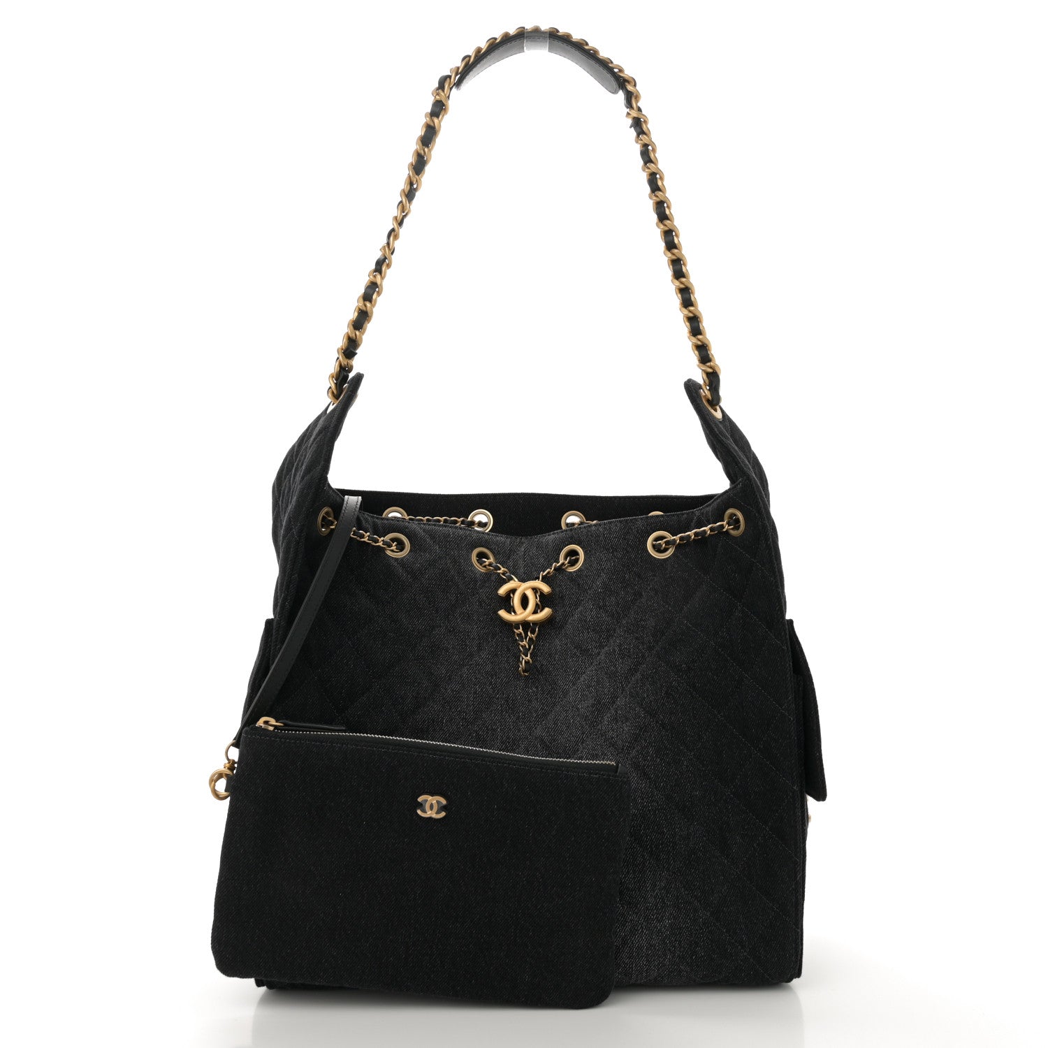 Washed Denim Quilted Medium Chanel 25 Handbag Black