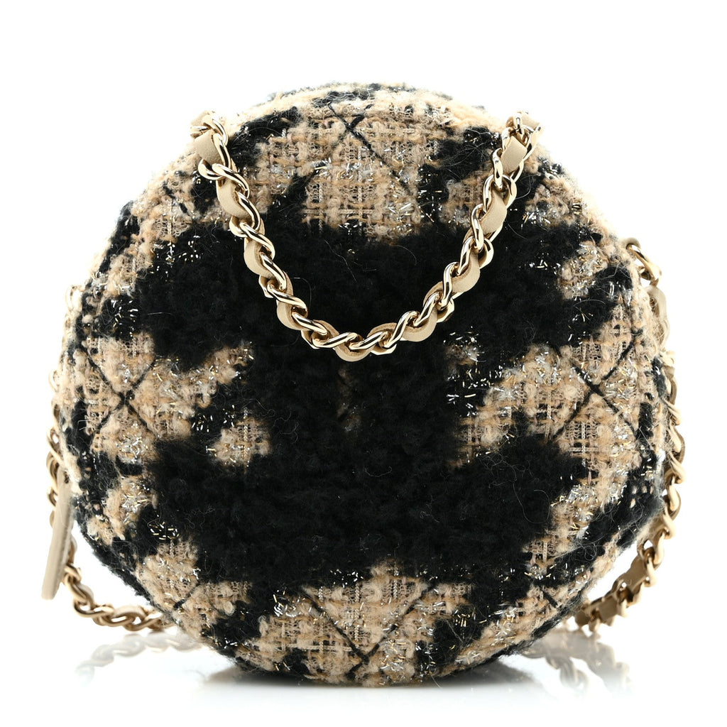 Tweed Shearling Quilted Round Clutch With Chain and Coin Purse Beige Black