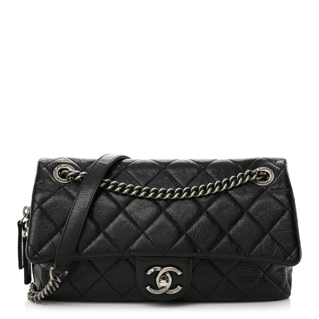 Glazed Calfskin Quilted Medium Duo Color Flap Black