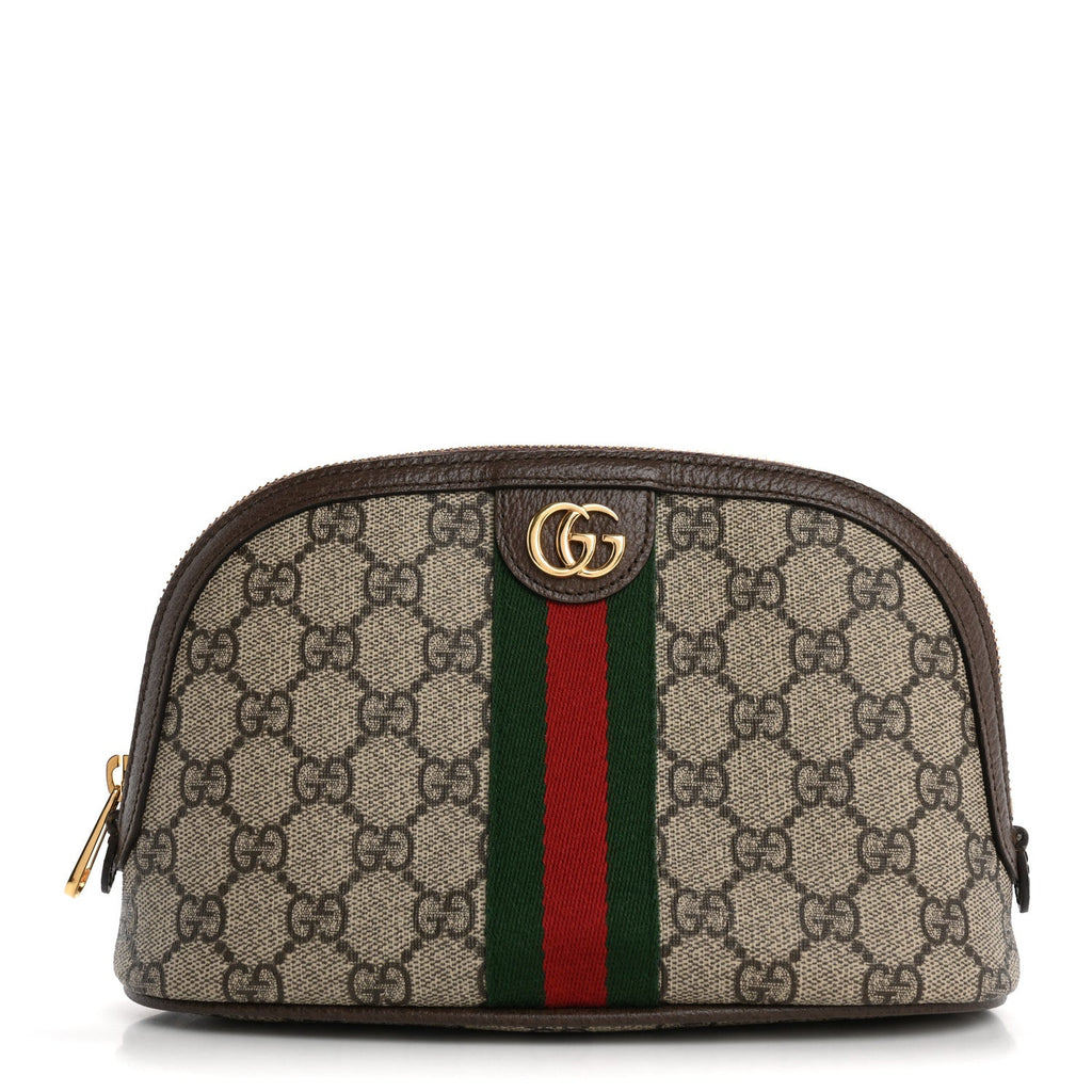 GG Supreme Monogram Textured Calfskin Web Large Ophidia Cosmetic Case Beige Ebony New Acero