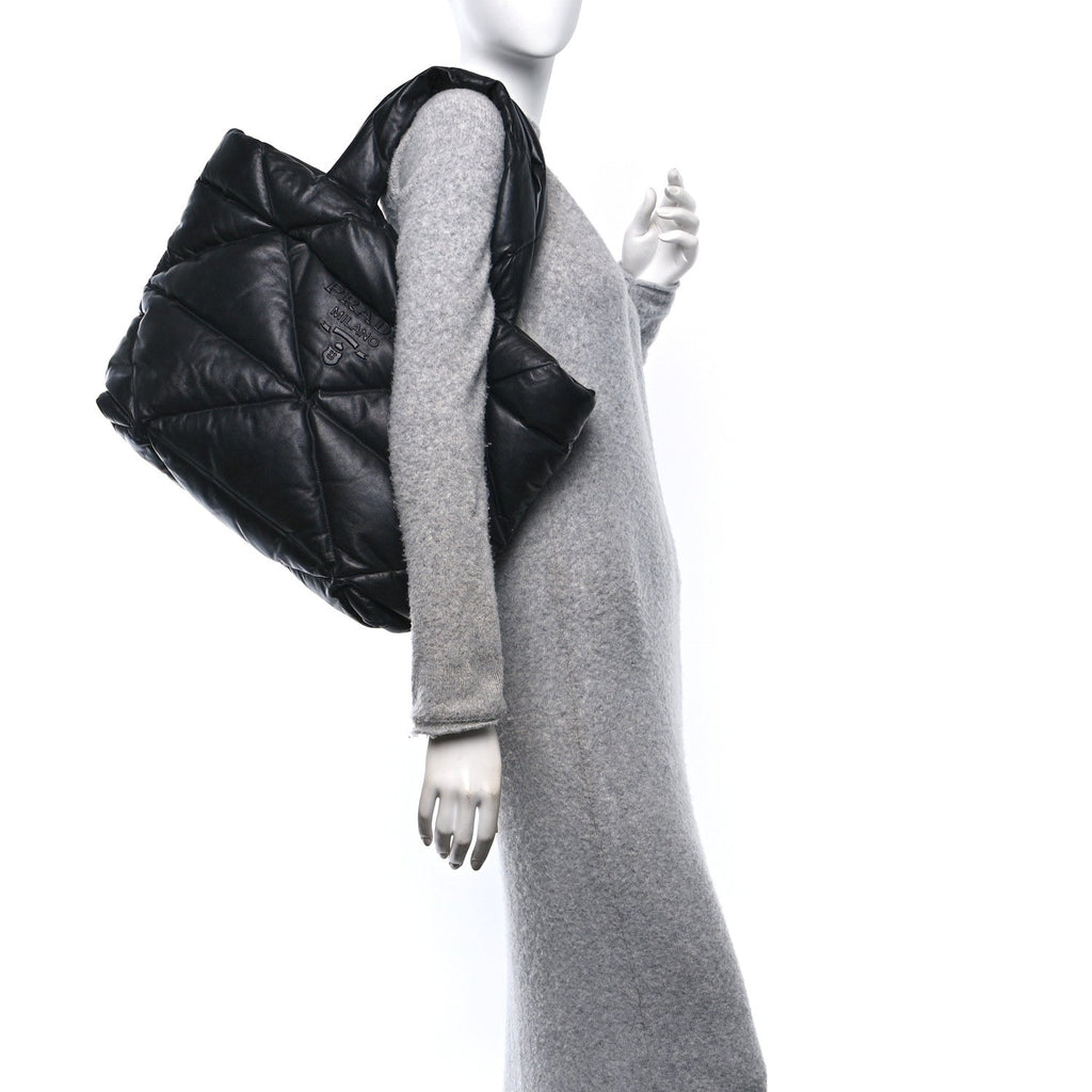 Nappa Soft Padded Logo Embossed Triangle Quilted Tote Black
