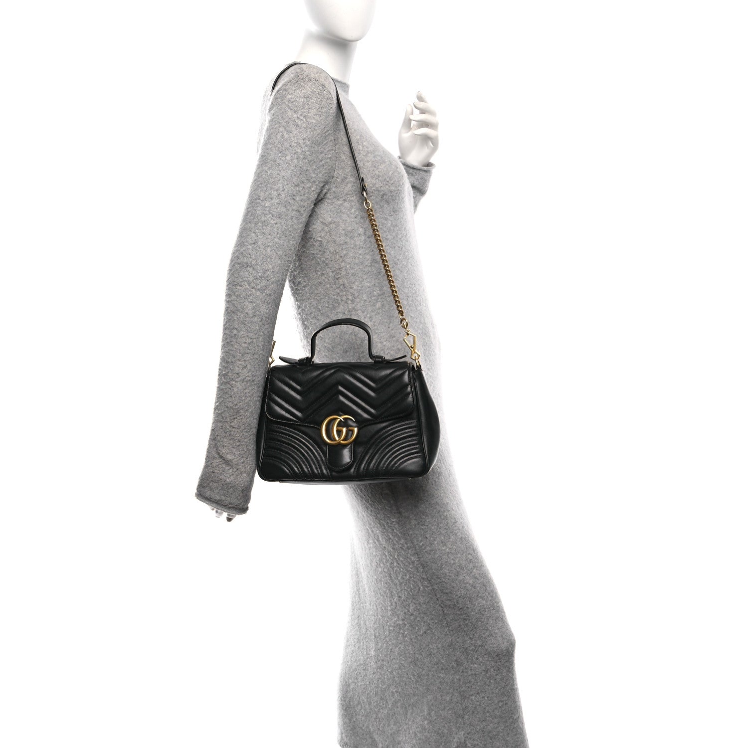 Calfskin Matelasse Small GG Marmont Top Handle Shoulder Bag Black