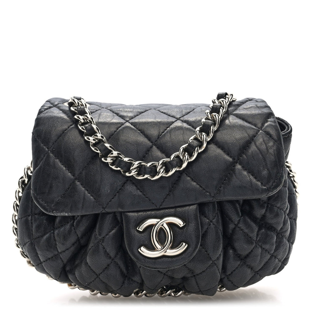 Washed Lambskin Quilted Mini Chain Around Flap Black