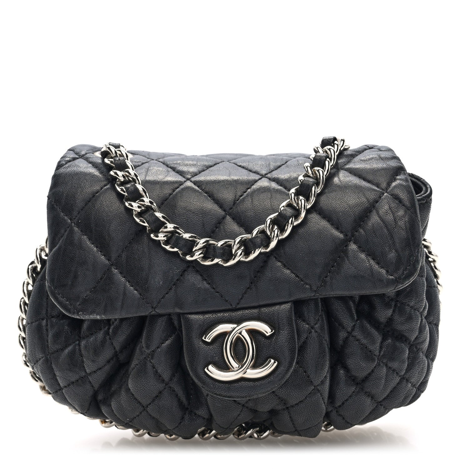 Washed Lambskin Quilted Mini Chain Around Flap Black