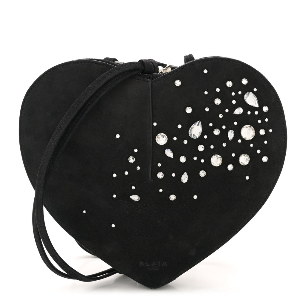 Suede Crystal Embellished Le Coeur Bag Black