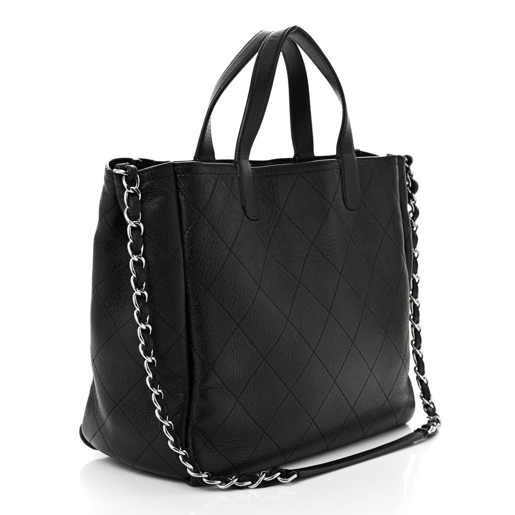 Caviar Stitched Medium Lady Coco Shopping Tote Black