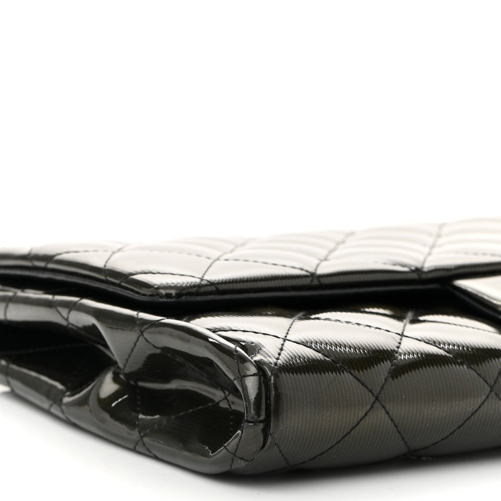 Striated Patent Quilted Clutch With Chain Flap Dark Grey