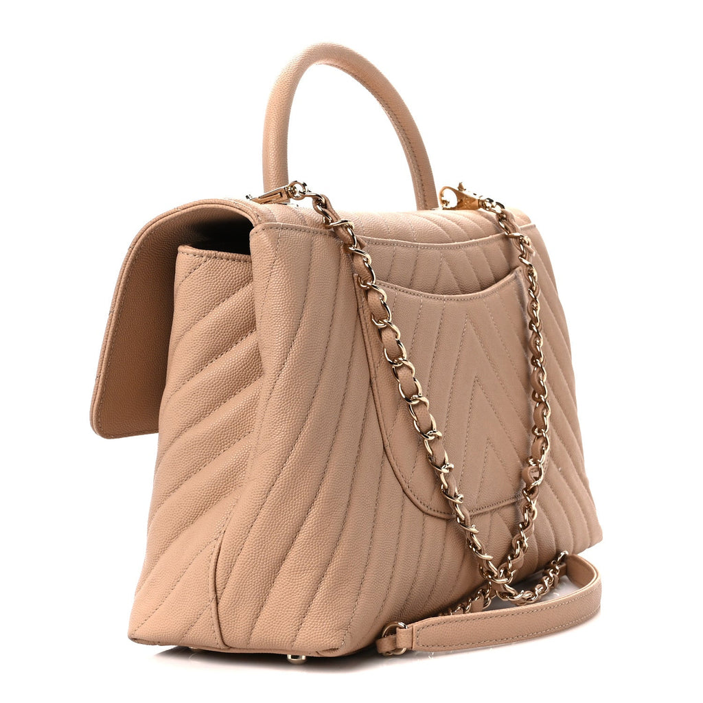 Caviar Chevron Quilted Medium Coco Handle Flap Beige