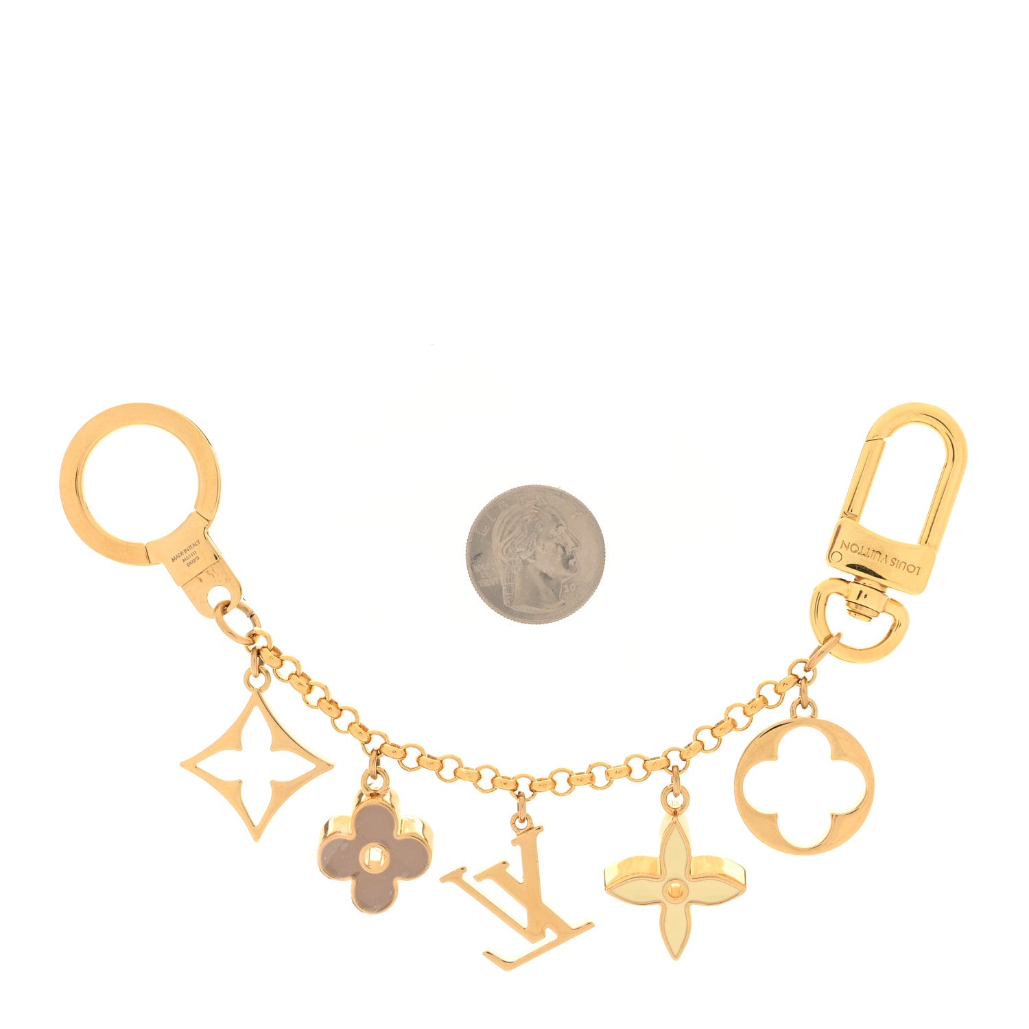 Brass Enamel Fleur De Monogram Bag Charm Chain Gold