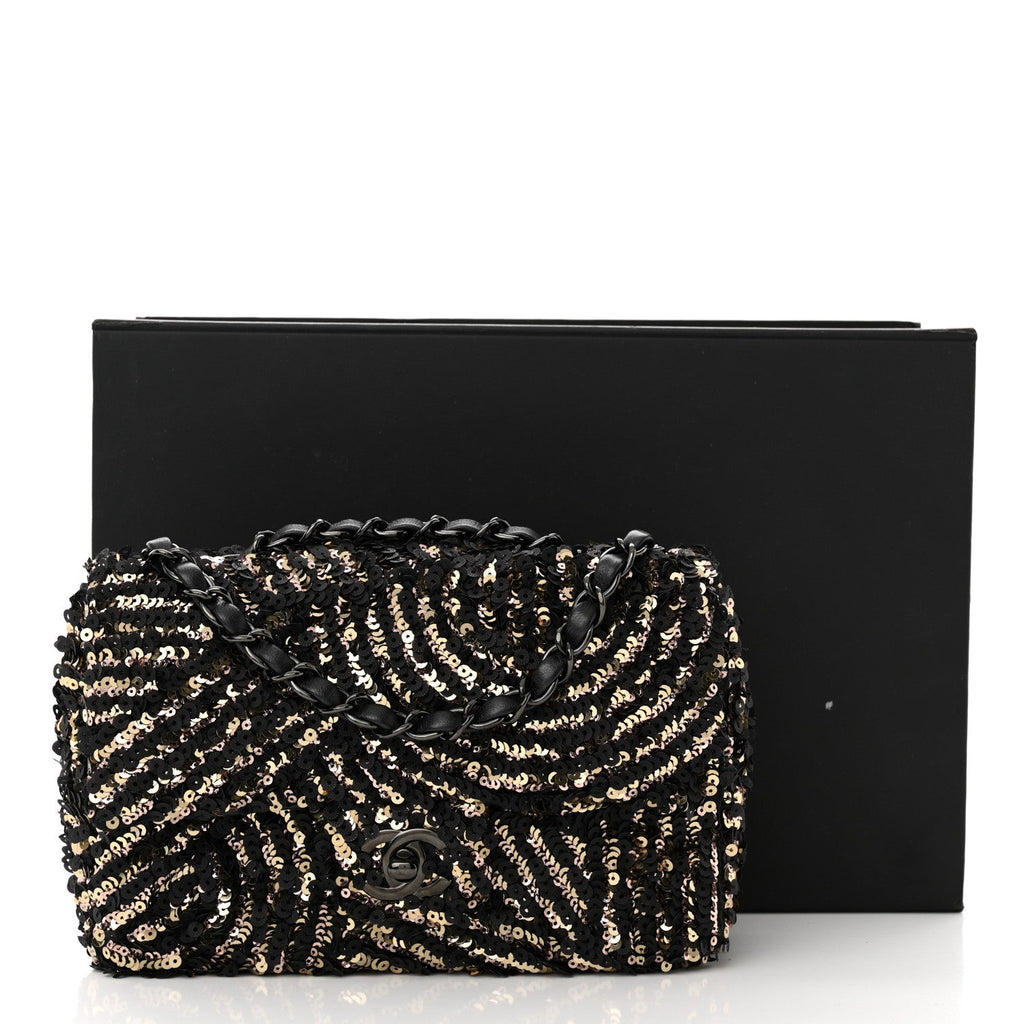 Sequin Mini Rectangular Flap Black Gold