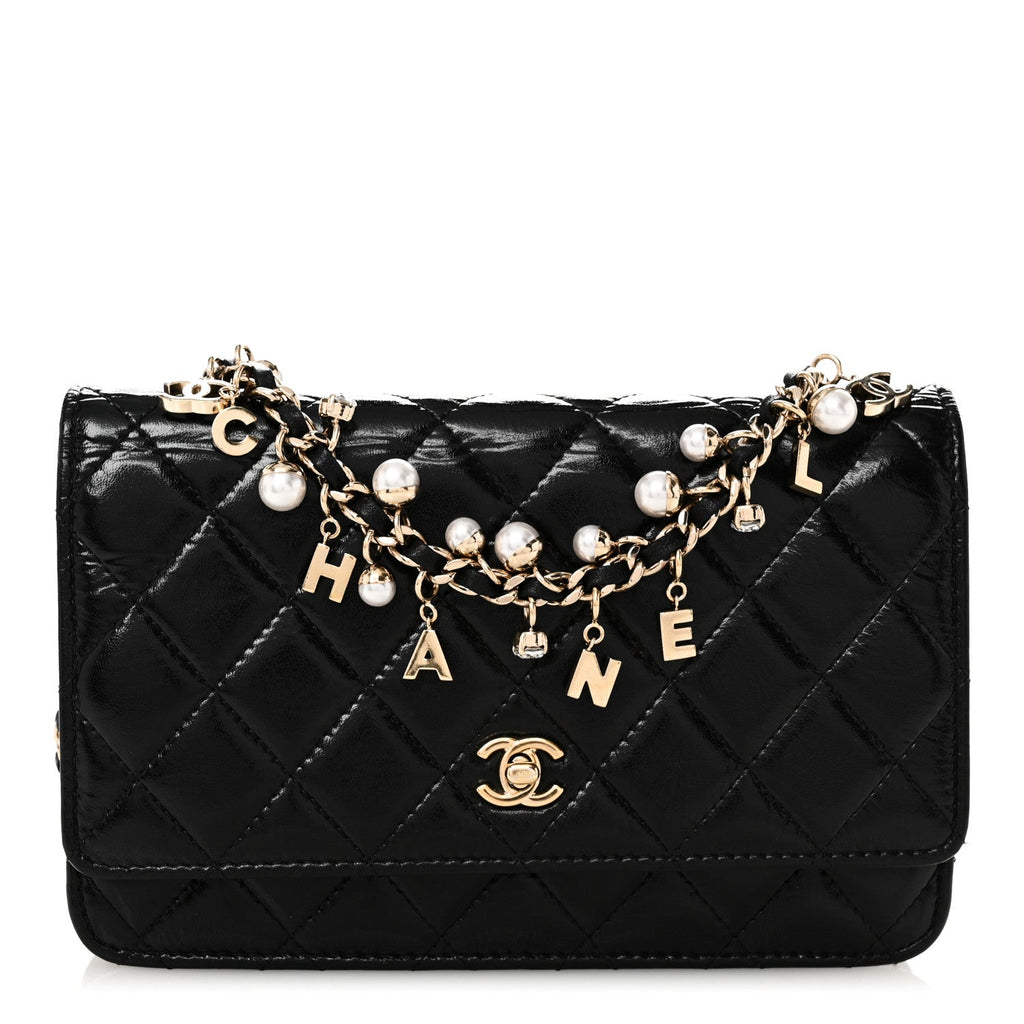 Shiny Calfskin Quilted Pearl Charms Wallet On Chain WOC Black
