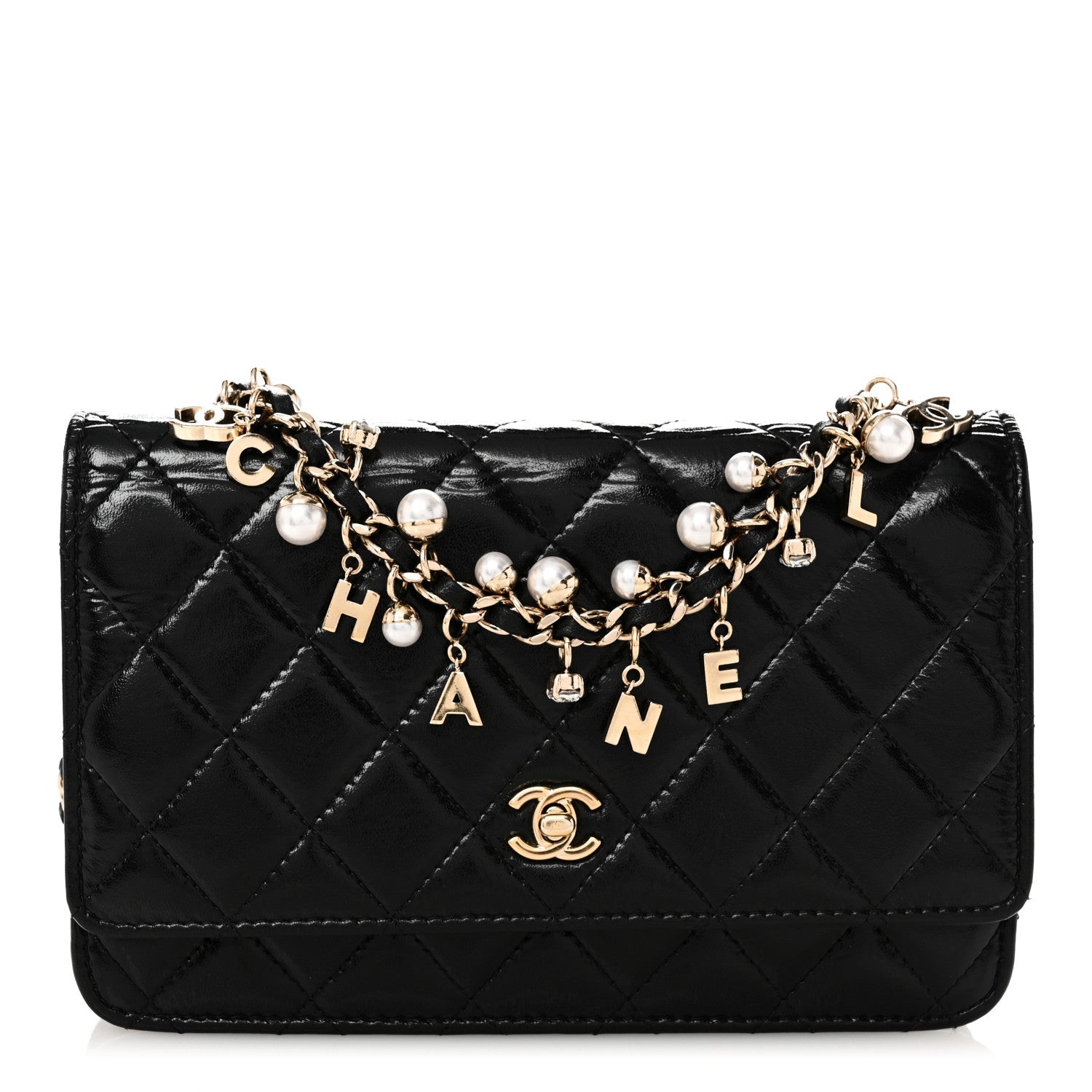 Shiny Calfskin Quilted Pearl Charms Wallet On Chain WOC Black