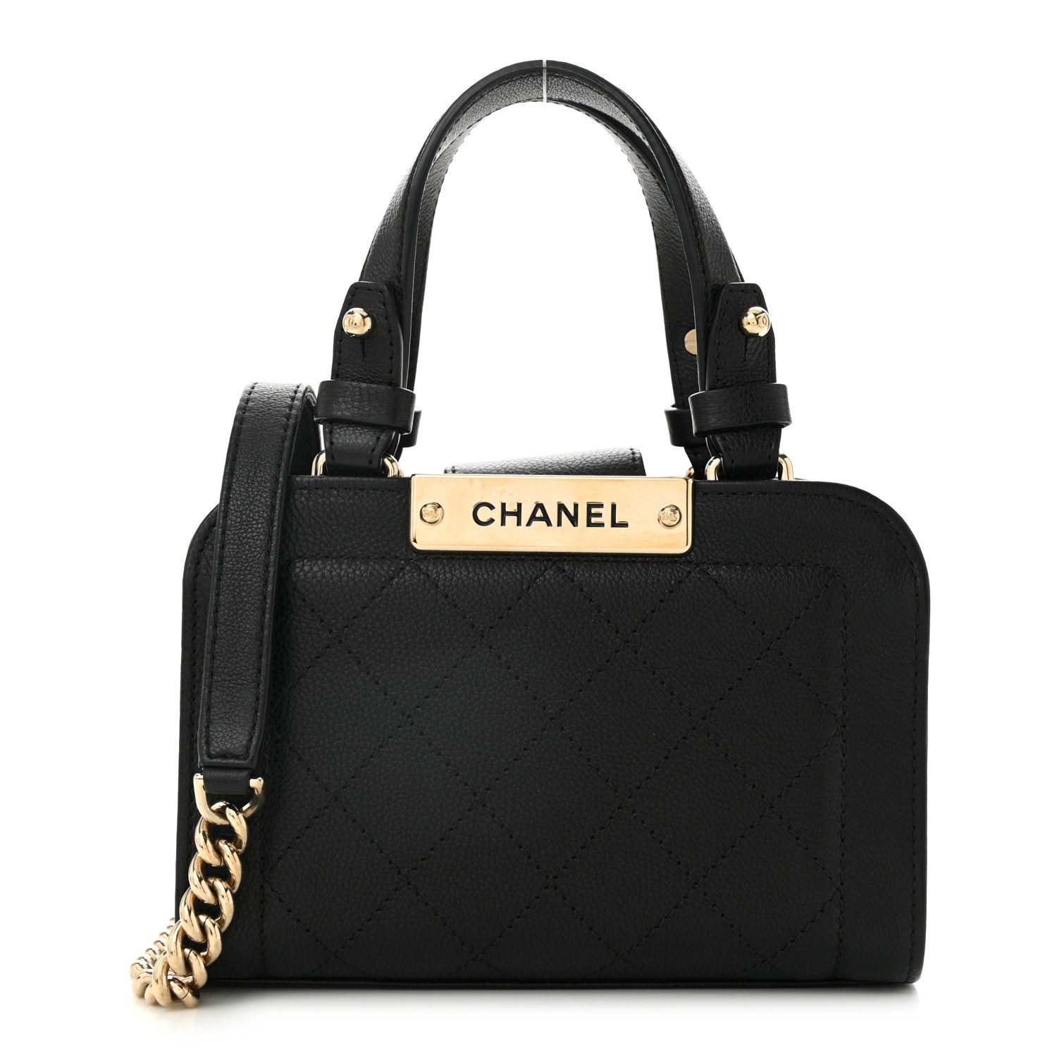 Grained Calfskin Stitched Mini Label  Shopper Tote Black
