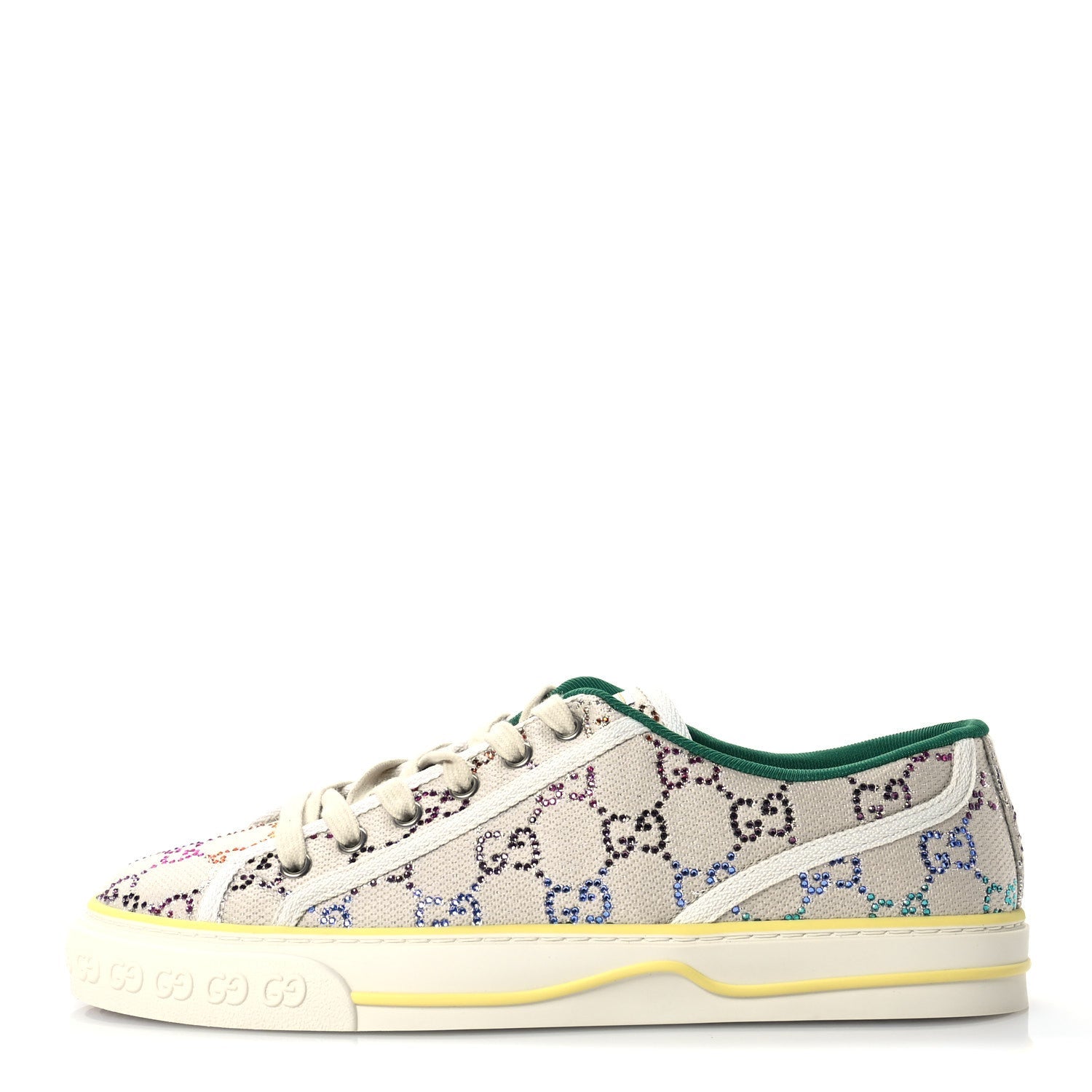 Canvas Lame Crystal GG Monogram Womens 1977 Tennis Sneakers 41 Gardenia Silver Mystic White
