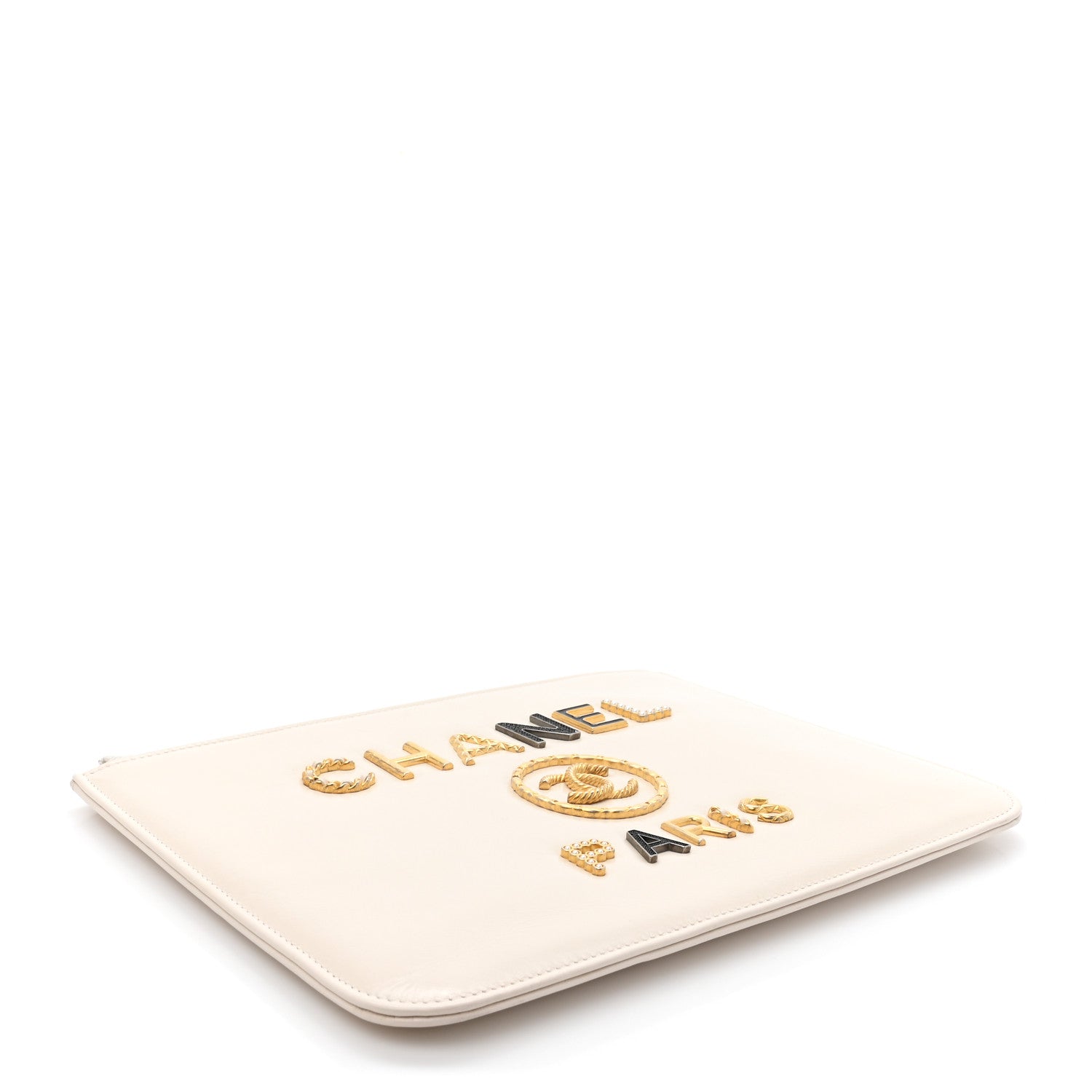 Shiny Calfskin Crystal Pearl Logo Cosmetic Case White