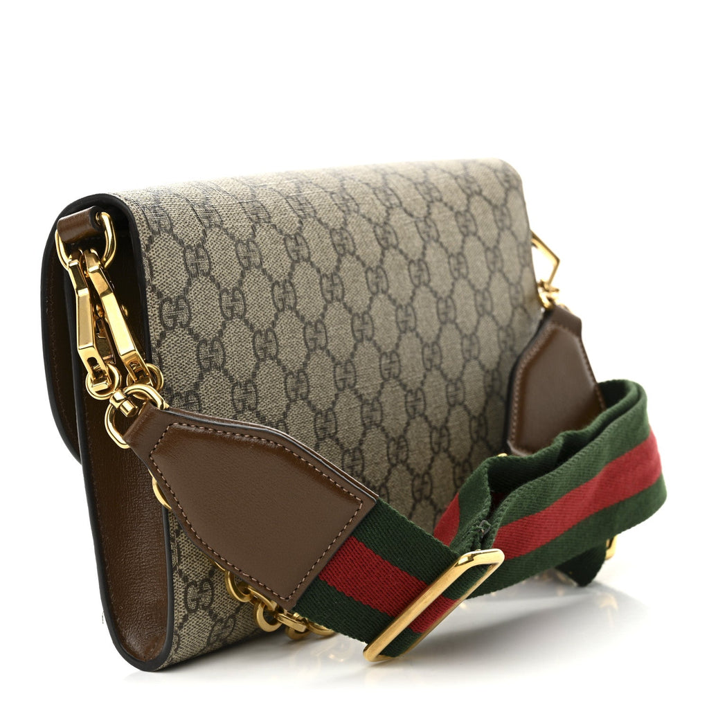 GG Supreme Monogram Azalea Calfskin Web Small Horsebit 1955 Crossbody Bag Beige Ebony Brown Sugar