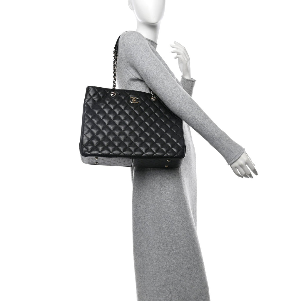 Caviar Quilted Large Shopping Tote Black