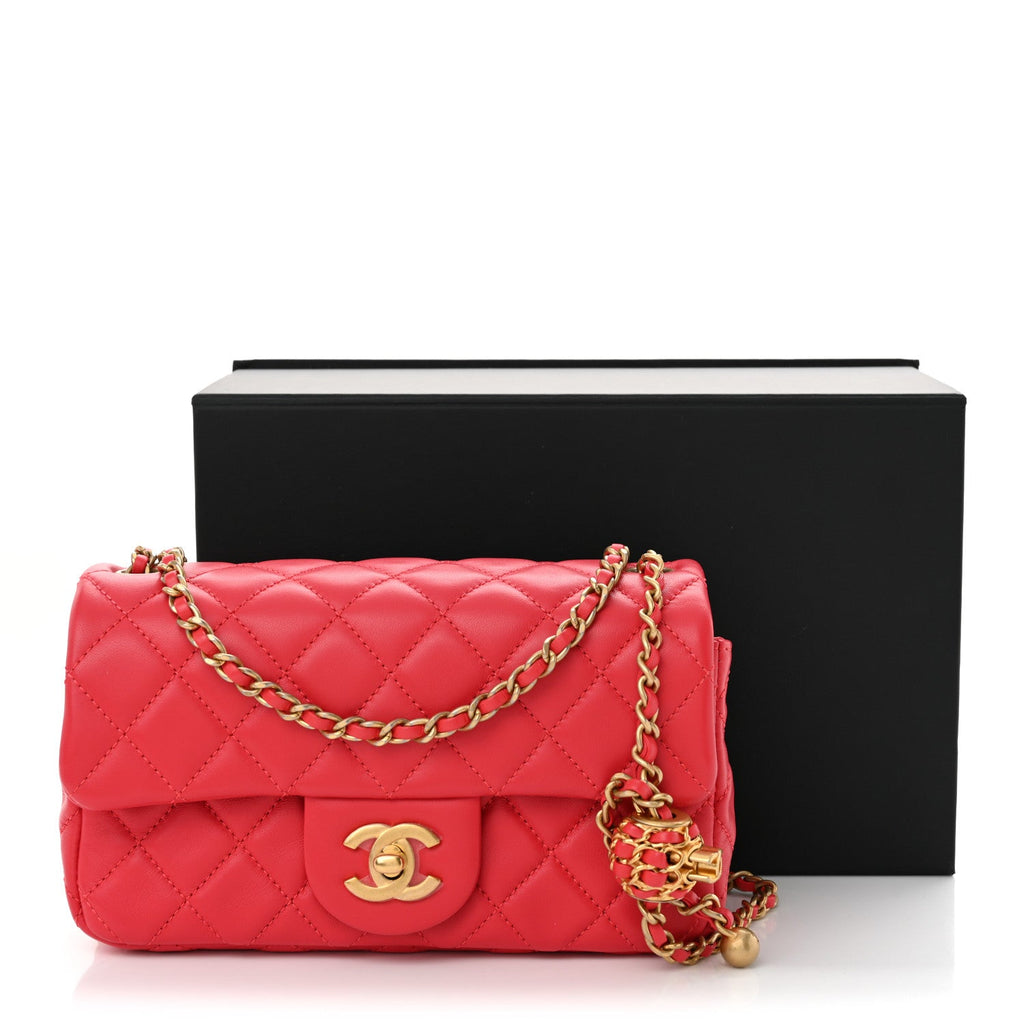 Lambskin Quilted Mini Rectangular Pearl Crush Flap Red