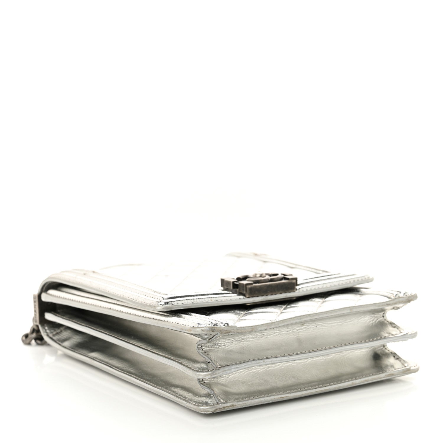 Metallic Goatskin Quilted North South Boy Flap Silver