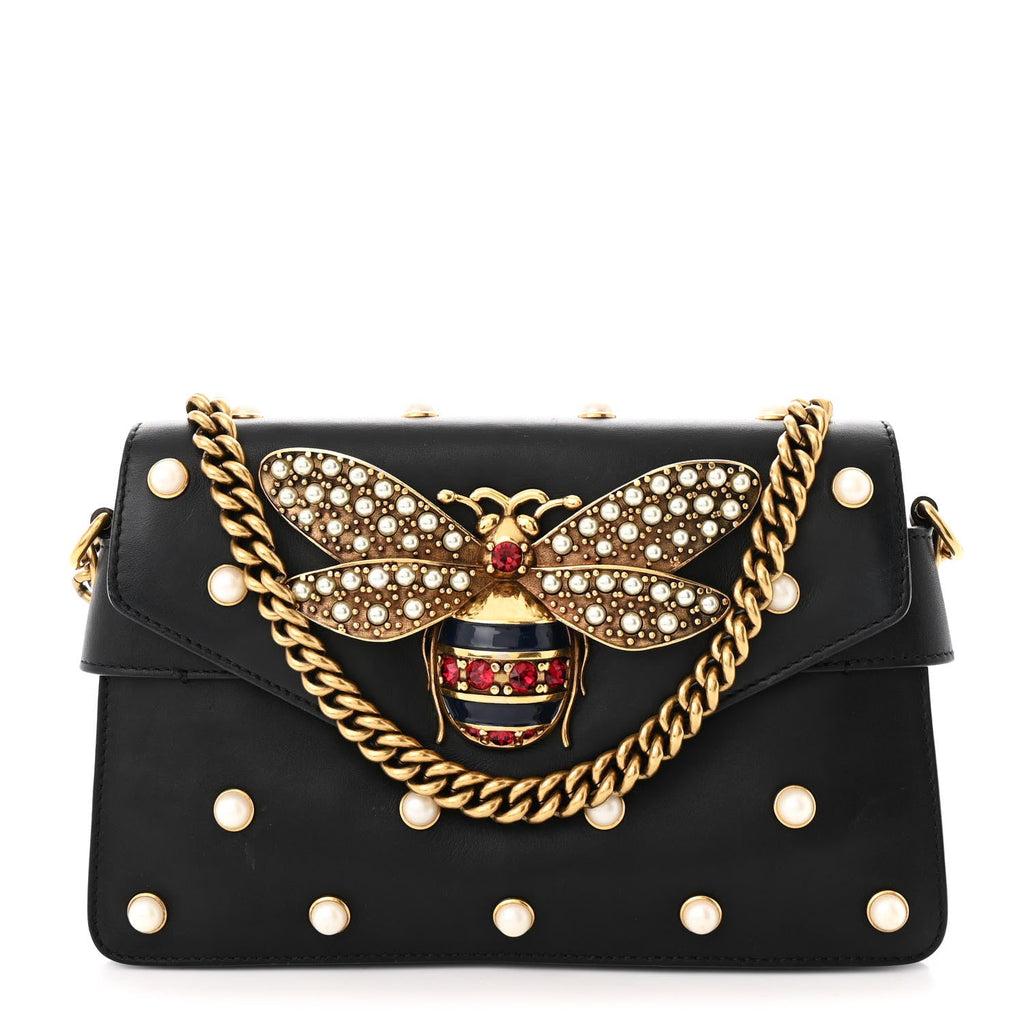 Nappa Pearl Studded Mini Queen Margaret Broadway Shoulder Bag Black