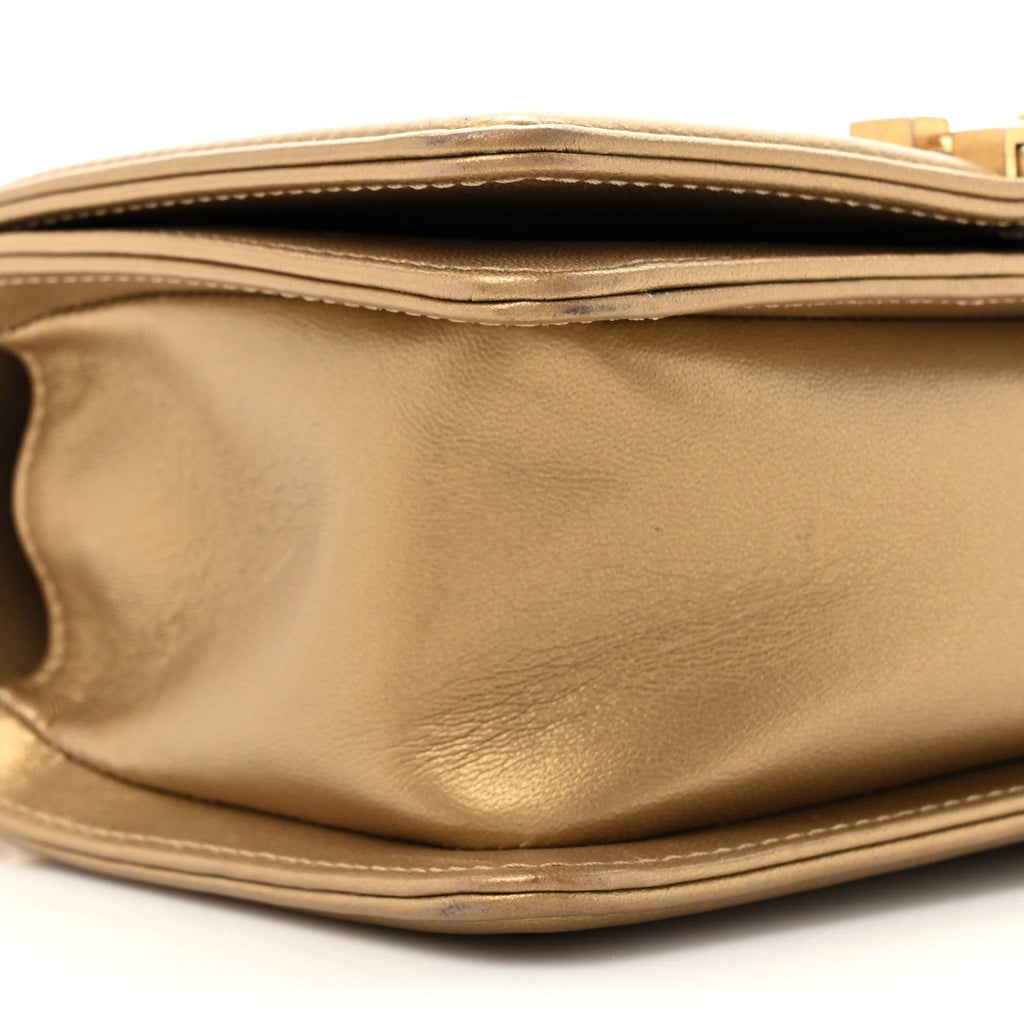 Metallic Lambskin Woven Small Boy Flap Black Gold